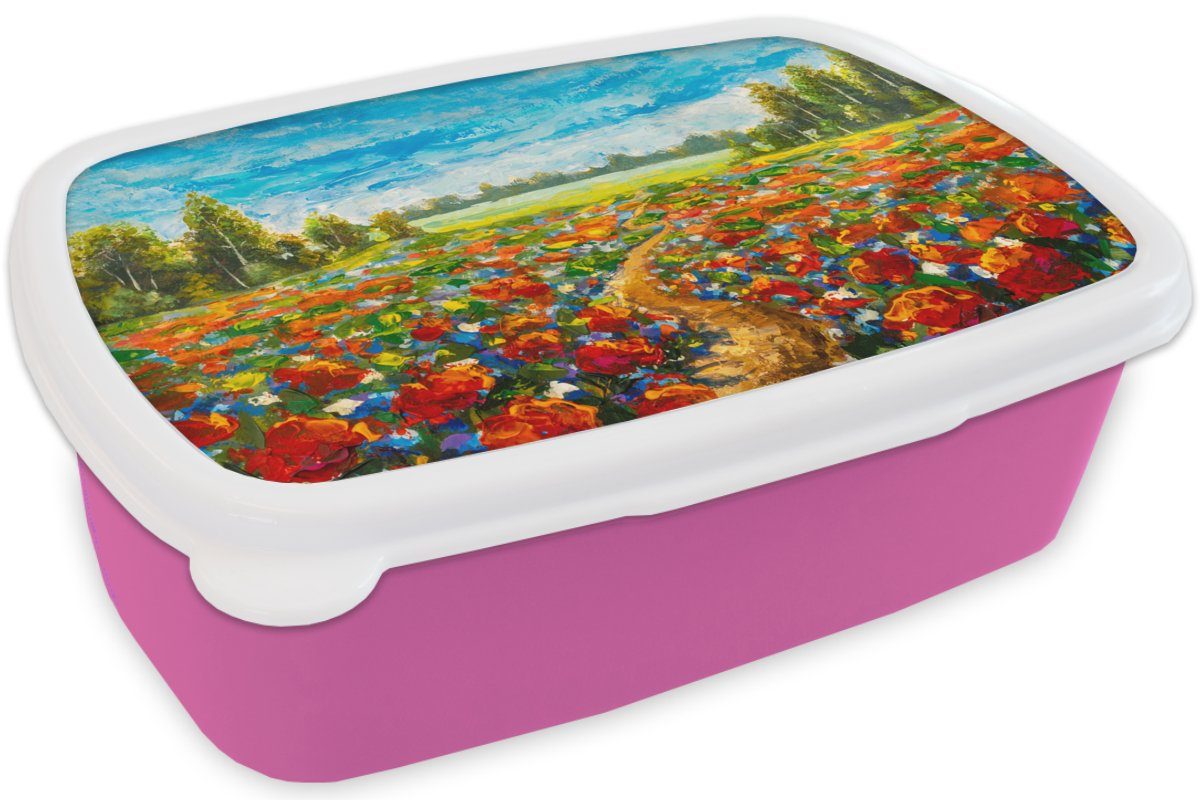 - Kinder, für Kunststoff Natur, Brotbox rosa Mädchen, MuchoWow - Erwachsene, Blumen Malerei Snackbox, Ölfarbe Brotdose - (2-tlg), Lunchbox Kunststoff,