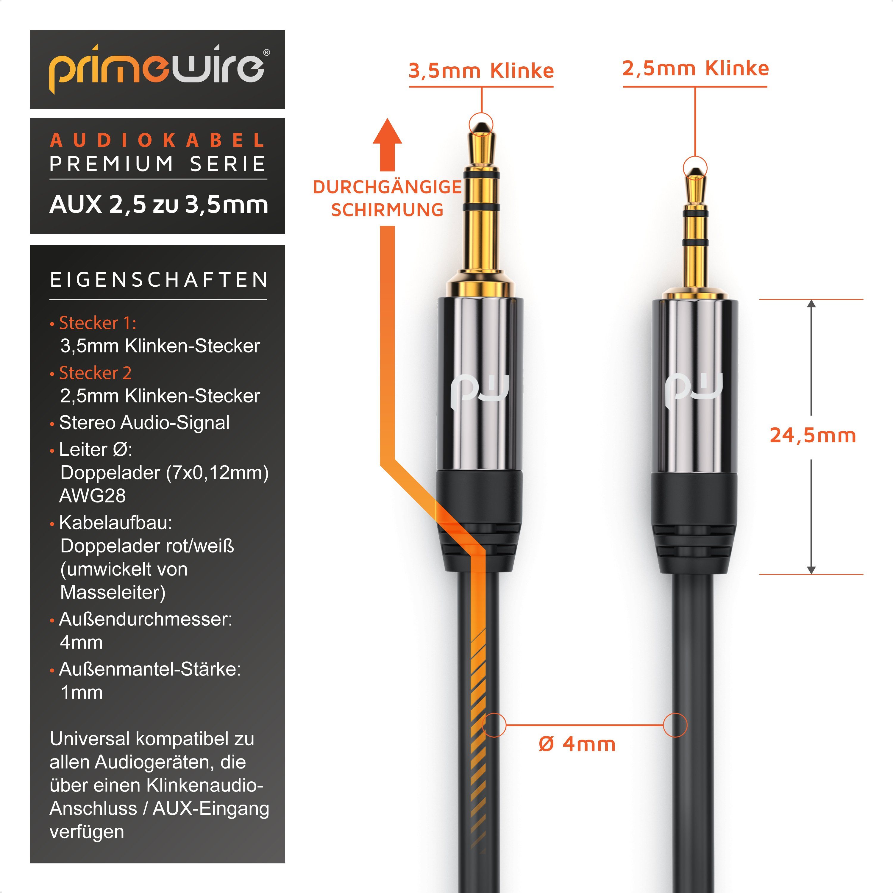 Primewire Audio-Kabel, AUX, 2,5-mm-Klinke, 3,5-mm-Klinke (150 cm), HiFi Audio Adapter Klinkenkabel / Verbindungskabel - 1,5m
