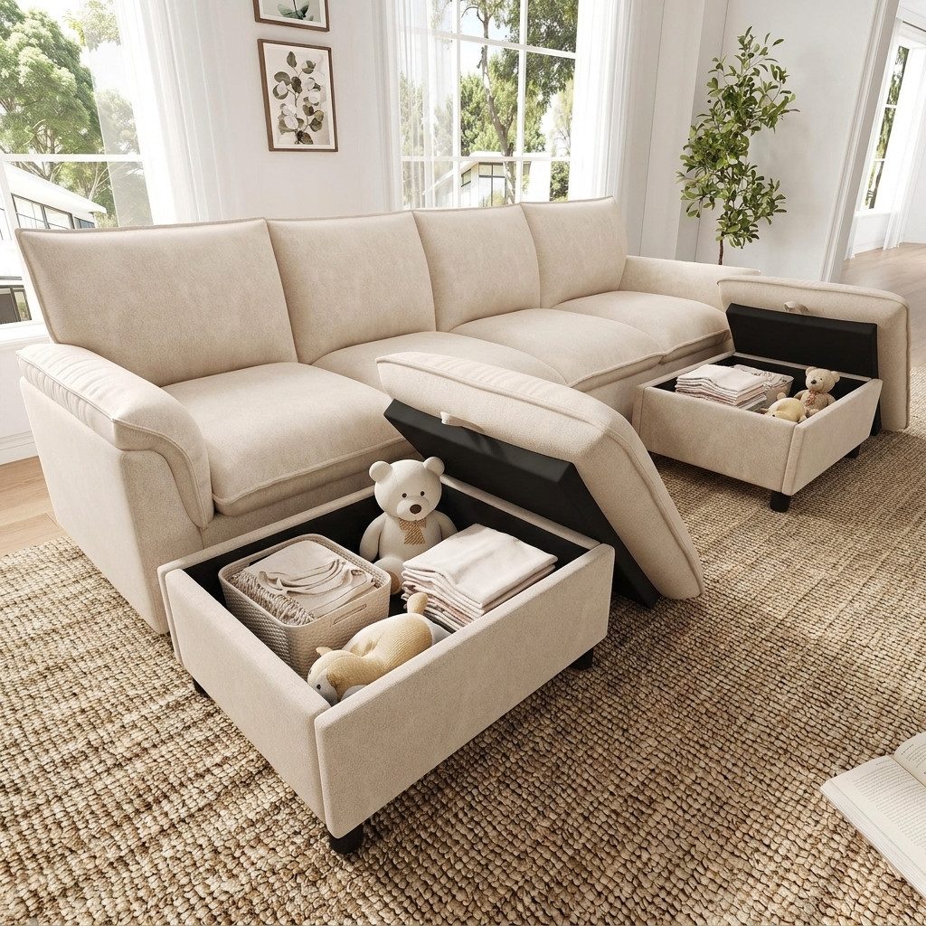 Flieks Ecksofa U-förmig 4-Sitzer Cloud-Sofa inkl. 2 Hocker mit Stauraum, B264,5/T142,5/H84 cm, modulares Schlafsofa mit Deep-Seat-Design Chenille Beige