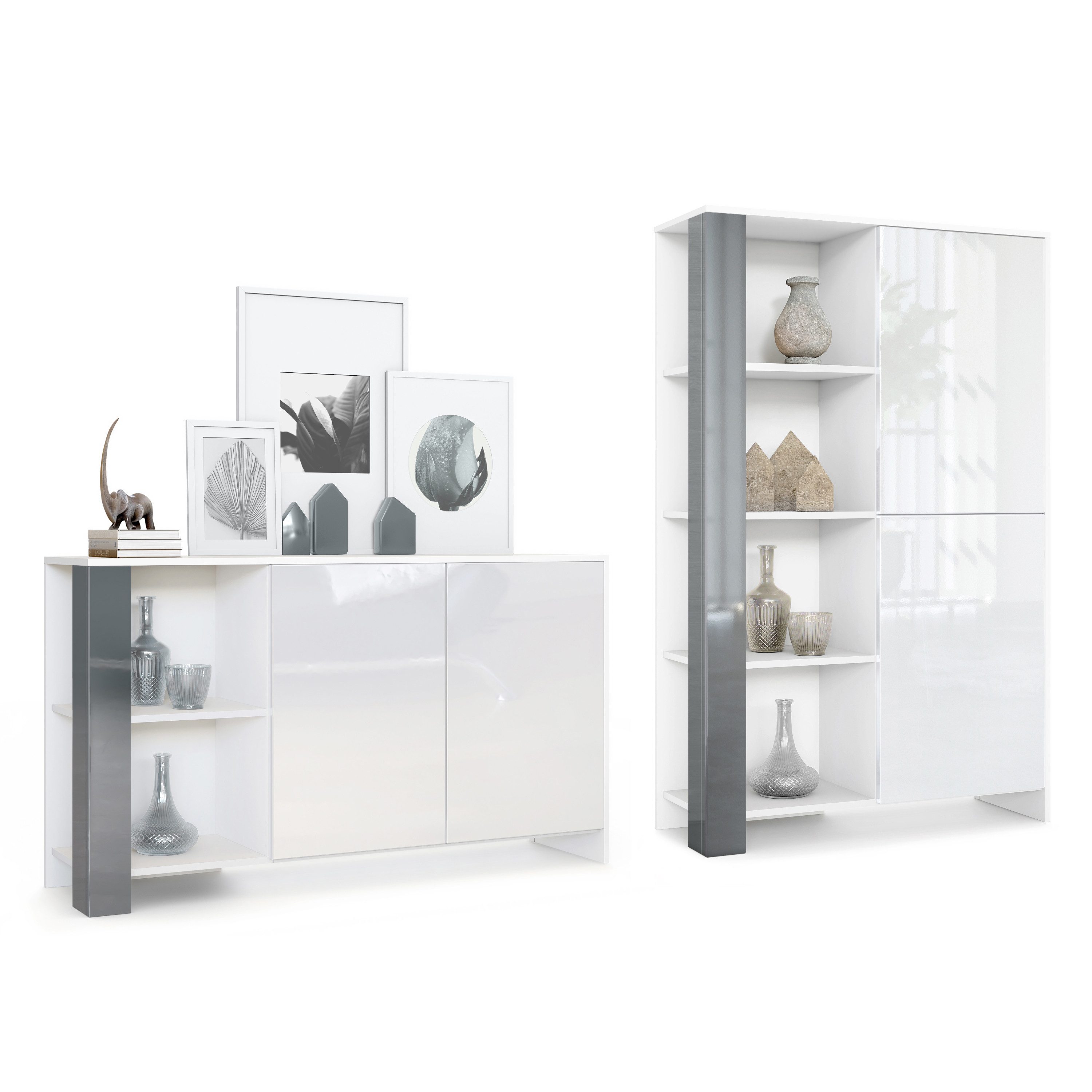 Vladon Wohnwand Venedig, (Wohnraum Set, bestehend aus 1 Highboard und 1 Sideboard), Weiß matt, Weiß Hochglanz, Grau Hochglanz