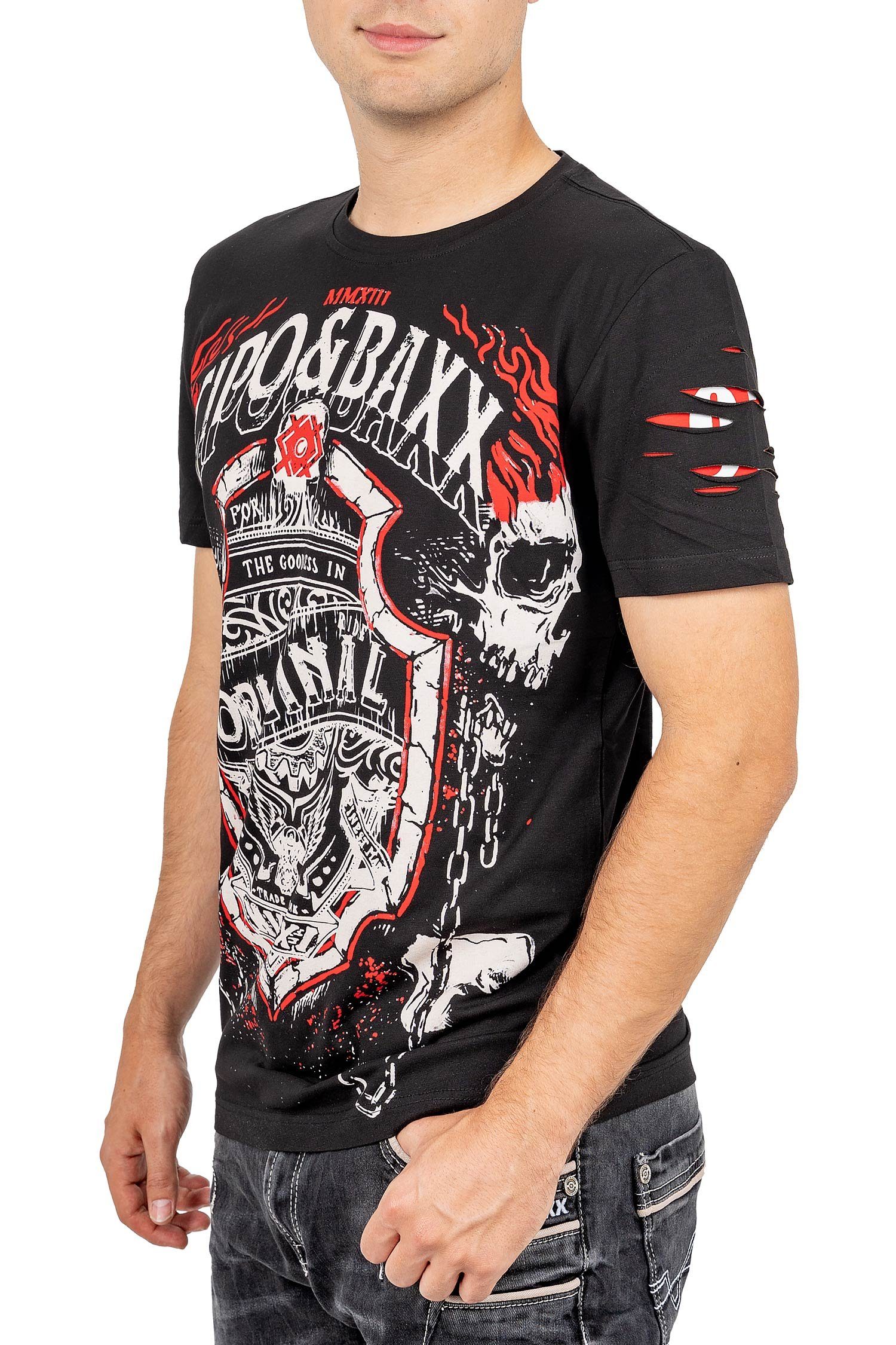 (1-tlg) Style schwarz Print-Shirt Totenkopf mit Extravagantes BA-CT772 Rider T-Shirt Cipo Baxx & Kurzarm im Ghost