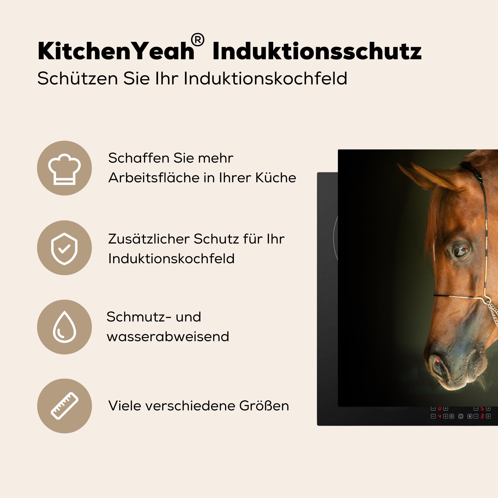 MuchoWow Herdblende-/Abdeckplatte Pferd - - Zaumzeug, Induktionskochfeld für Vinyl, küche, (1 Ceranfeldabdeckung die tlg), cm, Braun Schutz 81x52