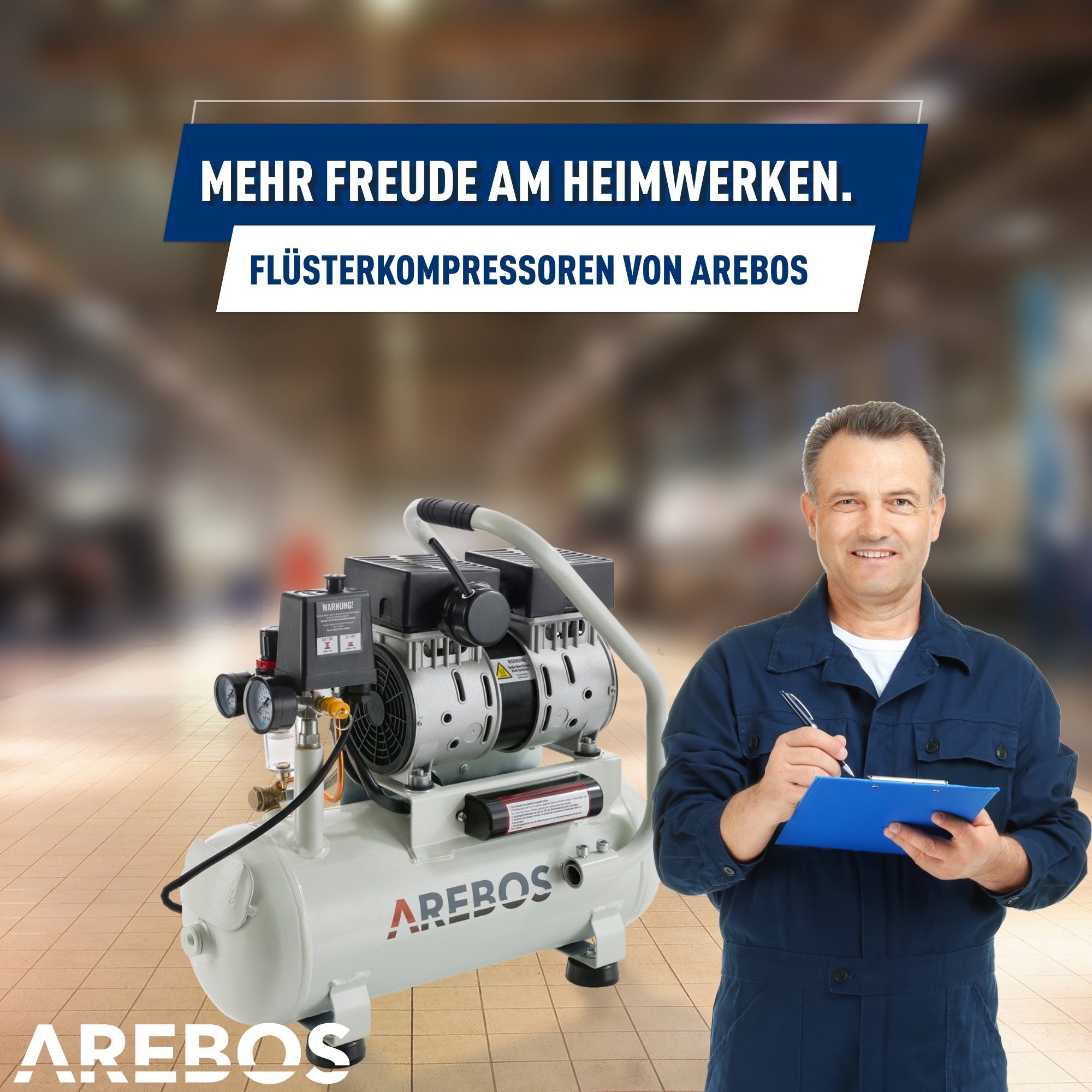 Arebos Kompressor Flüsterkompressor 500W Kompressor, Druckluft Kompressor 12l, Druckluft Kompressor 500 W