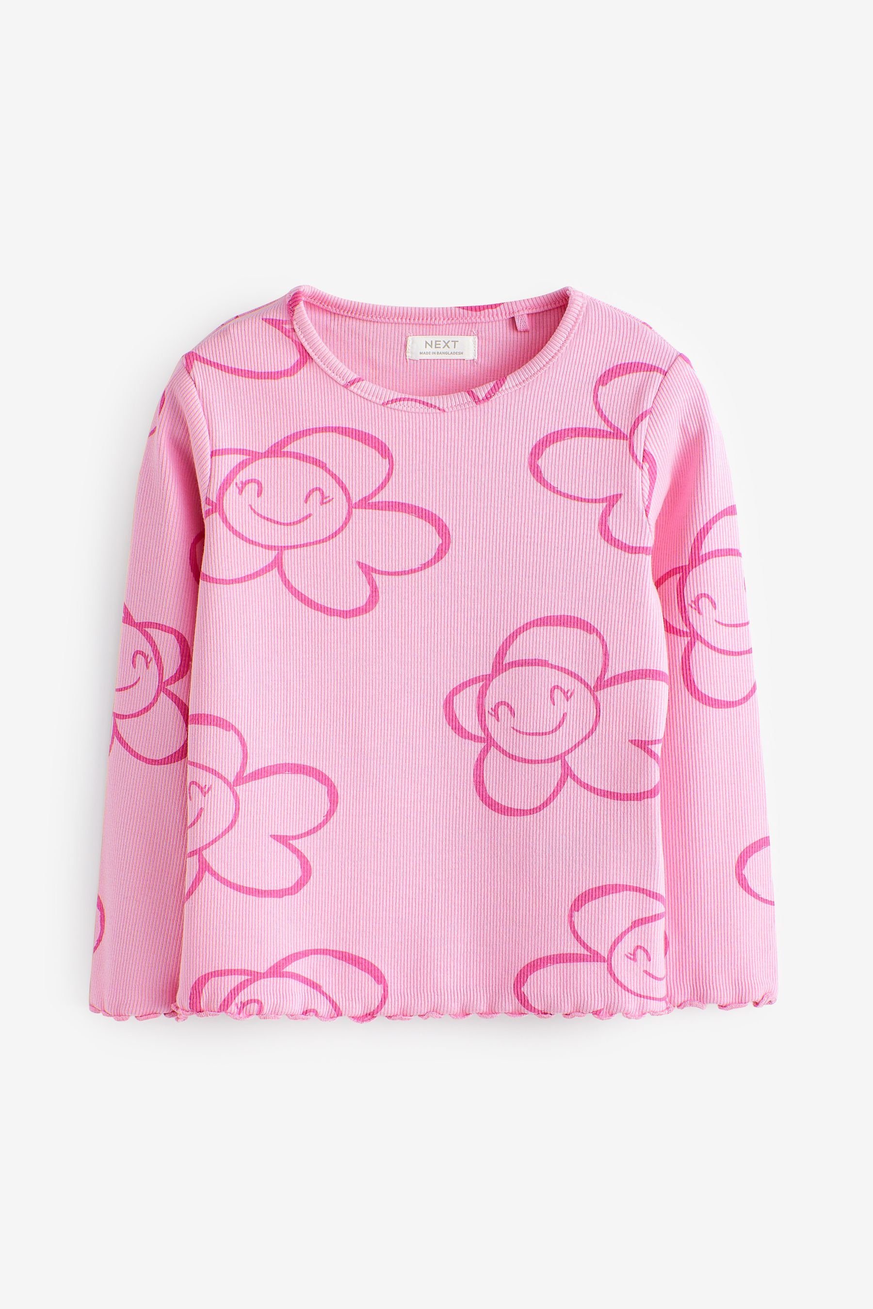 Next Langarmshirt Langärmeliges Feinripp-Shirt (1-tlg) Pink Smile Flower