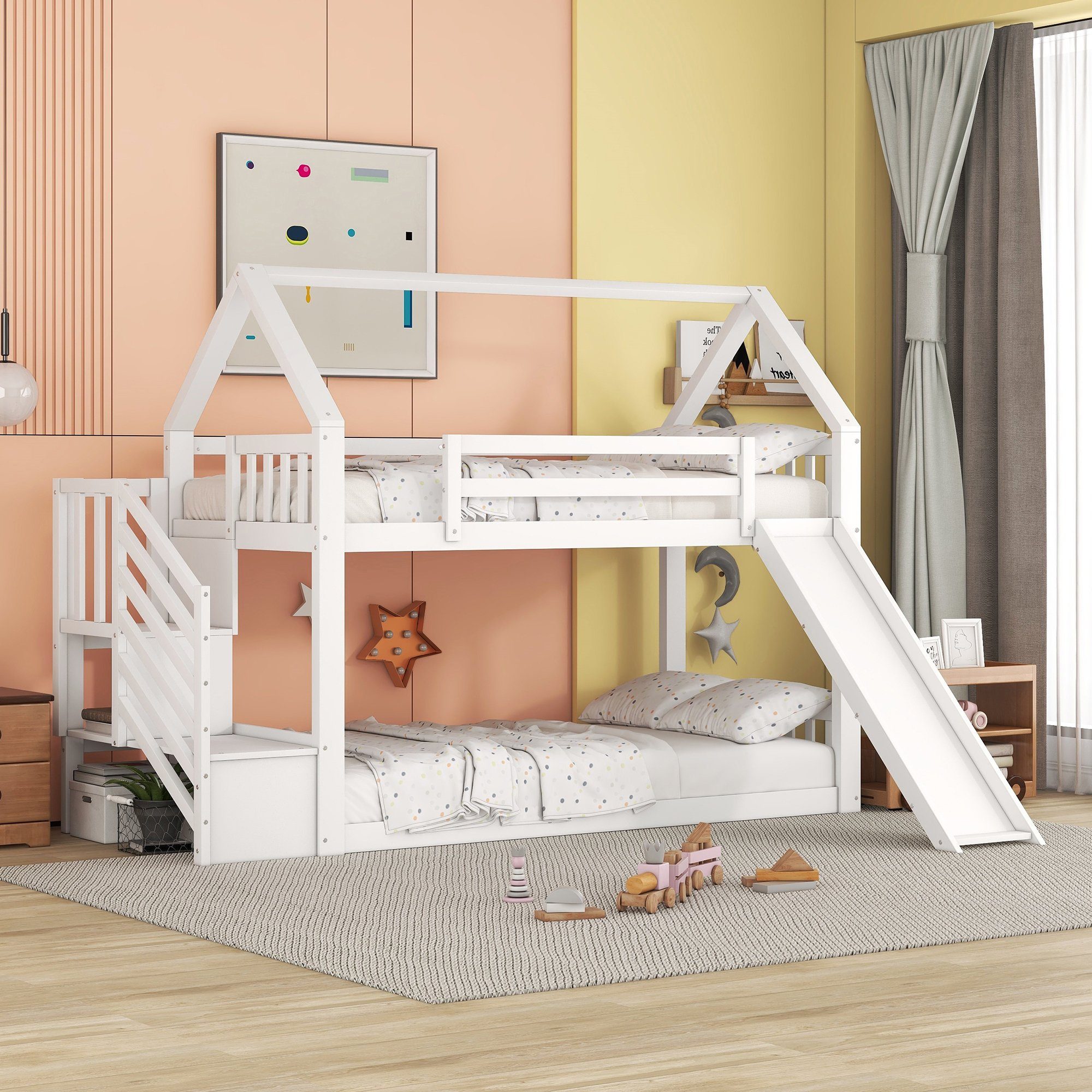 Flieks Etagenbett, Kinderbett weiß & Rutsche Lattenrost 90x200cm oberem Treppe mit &