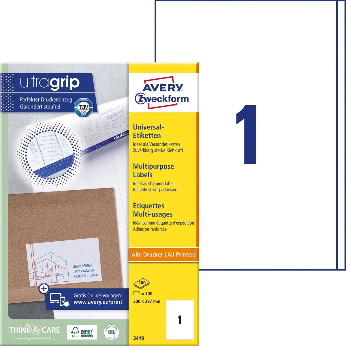 Etiketten Universal-Etiketten ultragrip 200x297 mm VE=100 Etiketten / 100 Bogen