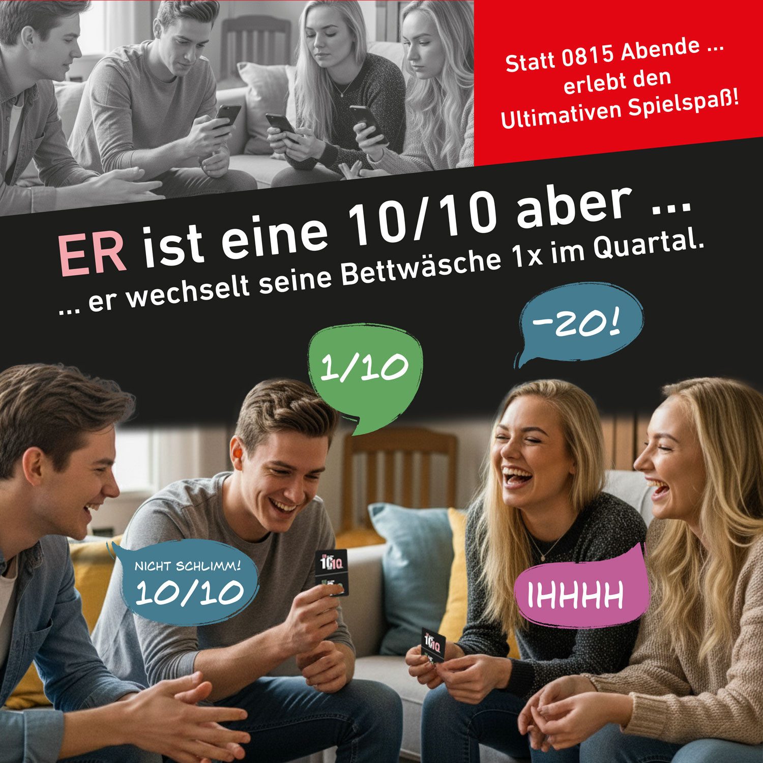 milindo Spiel Kult Kartenspiel, Er / Sie ist eine 10/10 aber ... das TikTok Kultspiel als Kartenspiel
