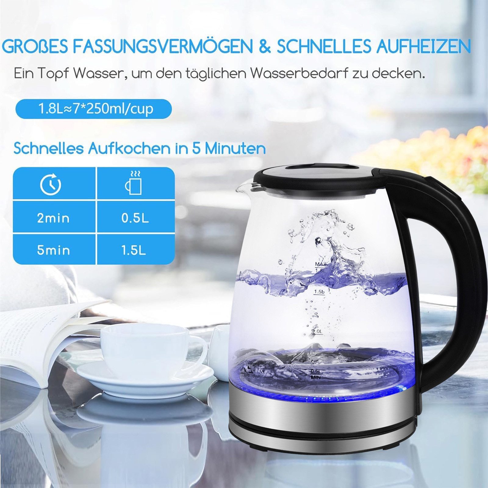OZAVO Wasserkocher Glas 1,8L 1500W GLSH25 LED-Beleuchtung 100% BPA Frei, 360° Edelstahl Sockel,Trockenaufschutz