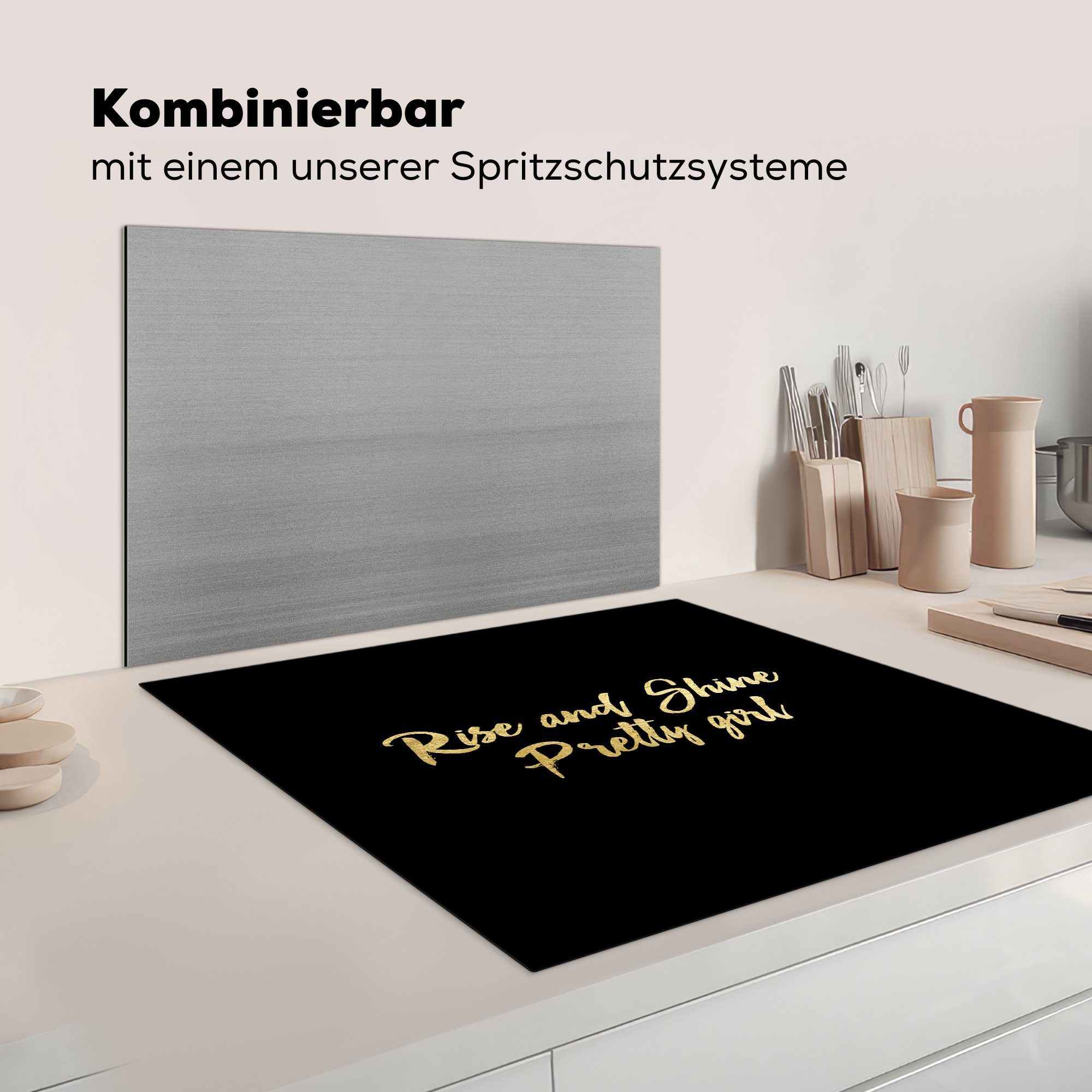 - Herdblende-/Abdeckplatte für - und tlg), Arbeitsplatte küche cm, Vinyl, Zuversicht 78x78 Ceranfeldabdeckung, MuchoWow Gold, Schwarz (1 Zitat