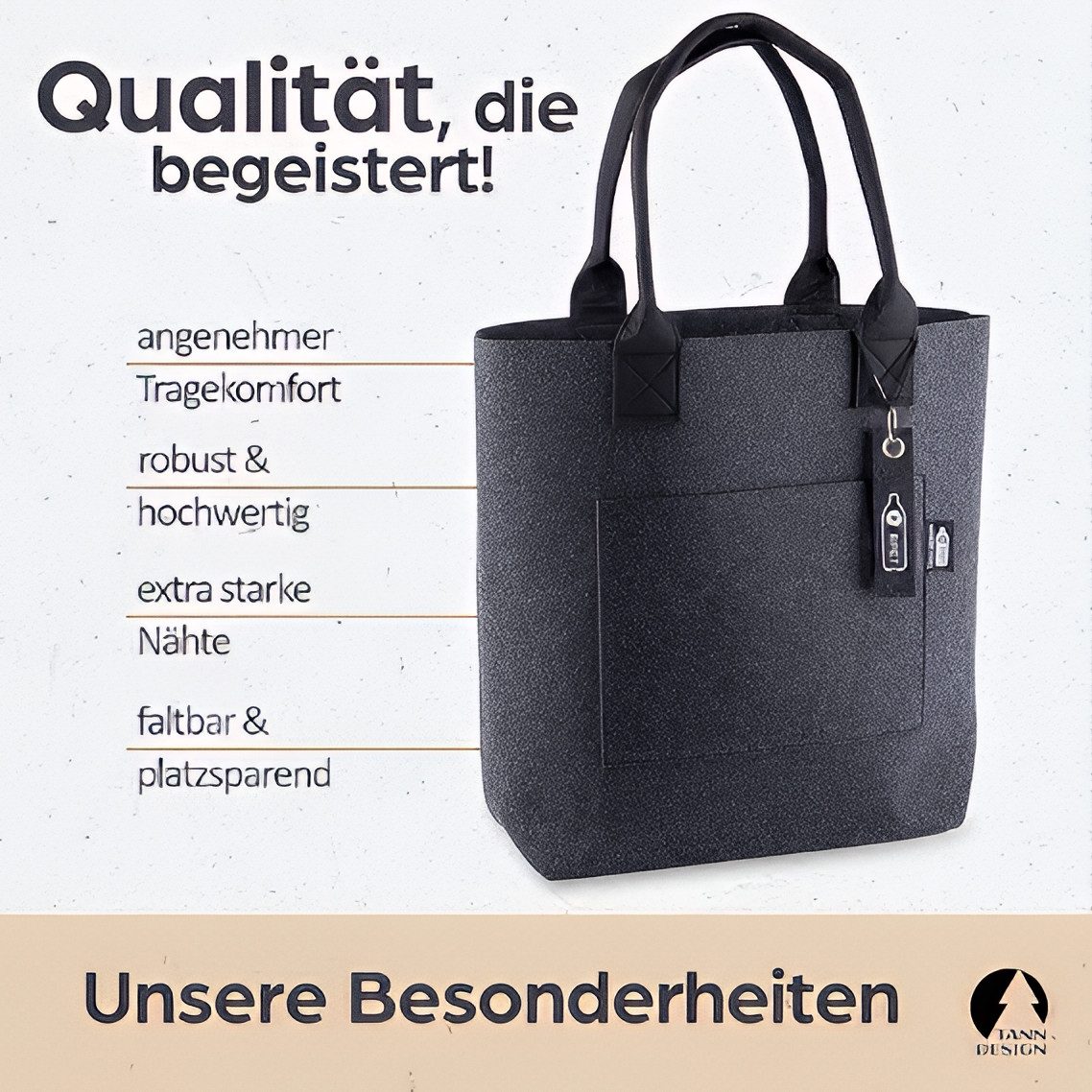 Tanndesign Einkaufsshopper Damen-Shopper Filz Grau aus recyceltem PET (21L) + Schlüsselanhänger, 21 l – Bild 5 von 5