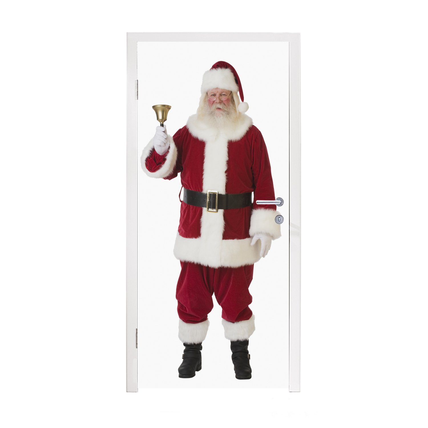 MuchoWow Türtapete Der ikonische Weihnachtsmann läutet seine Glocke auf einem weißen, Matt, bedruckt, (1 St), Fototapete für Tür, Türaufkleber, 75x205 cm