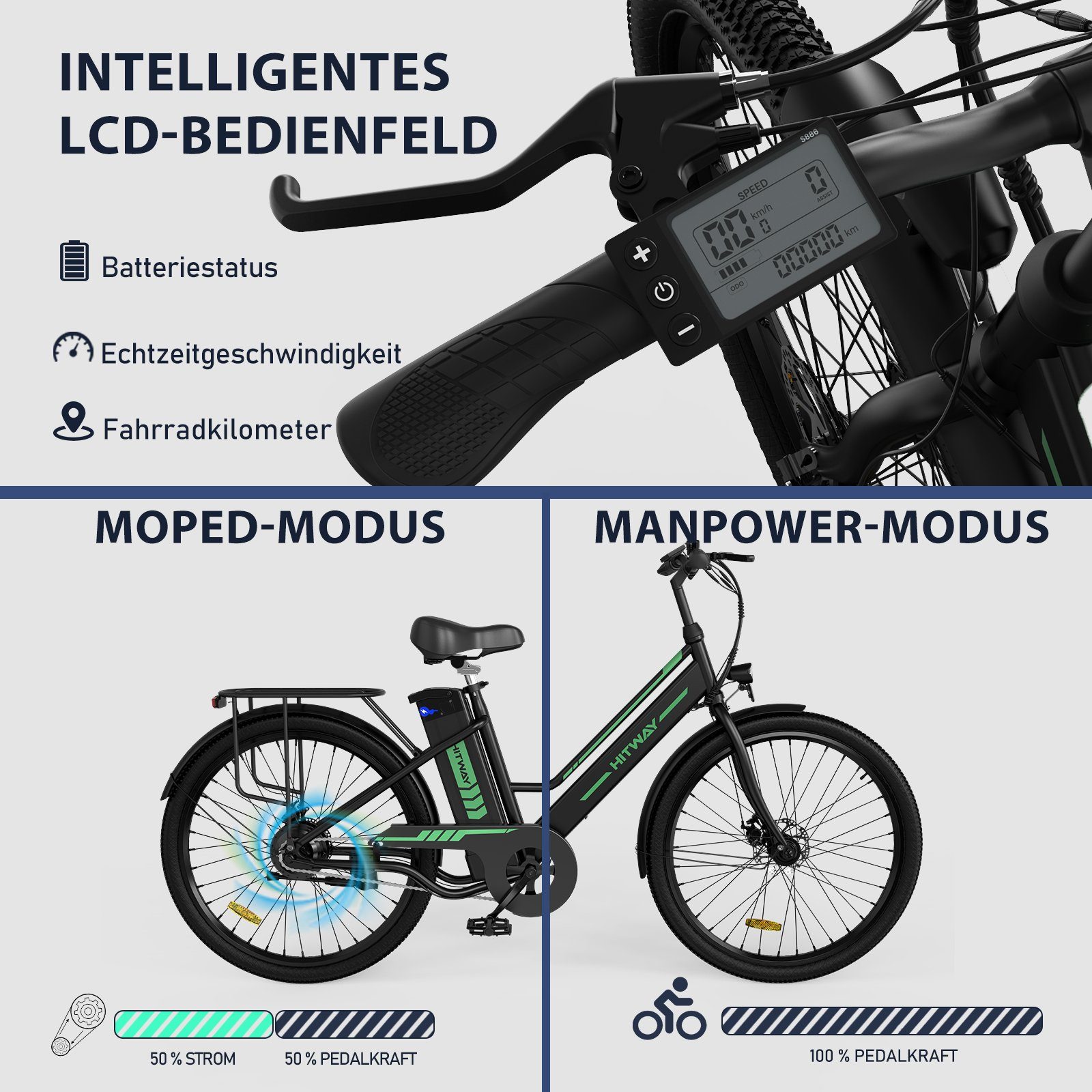 HITWAY E-Bike für 8.4AH Herren Damen 36V schwarz E-Fahrrad Pumpe/Fahrradschloss Heckmotor, 26 Zoll 25km/h,35-70KM, Batterieladegerät