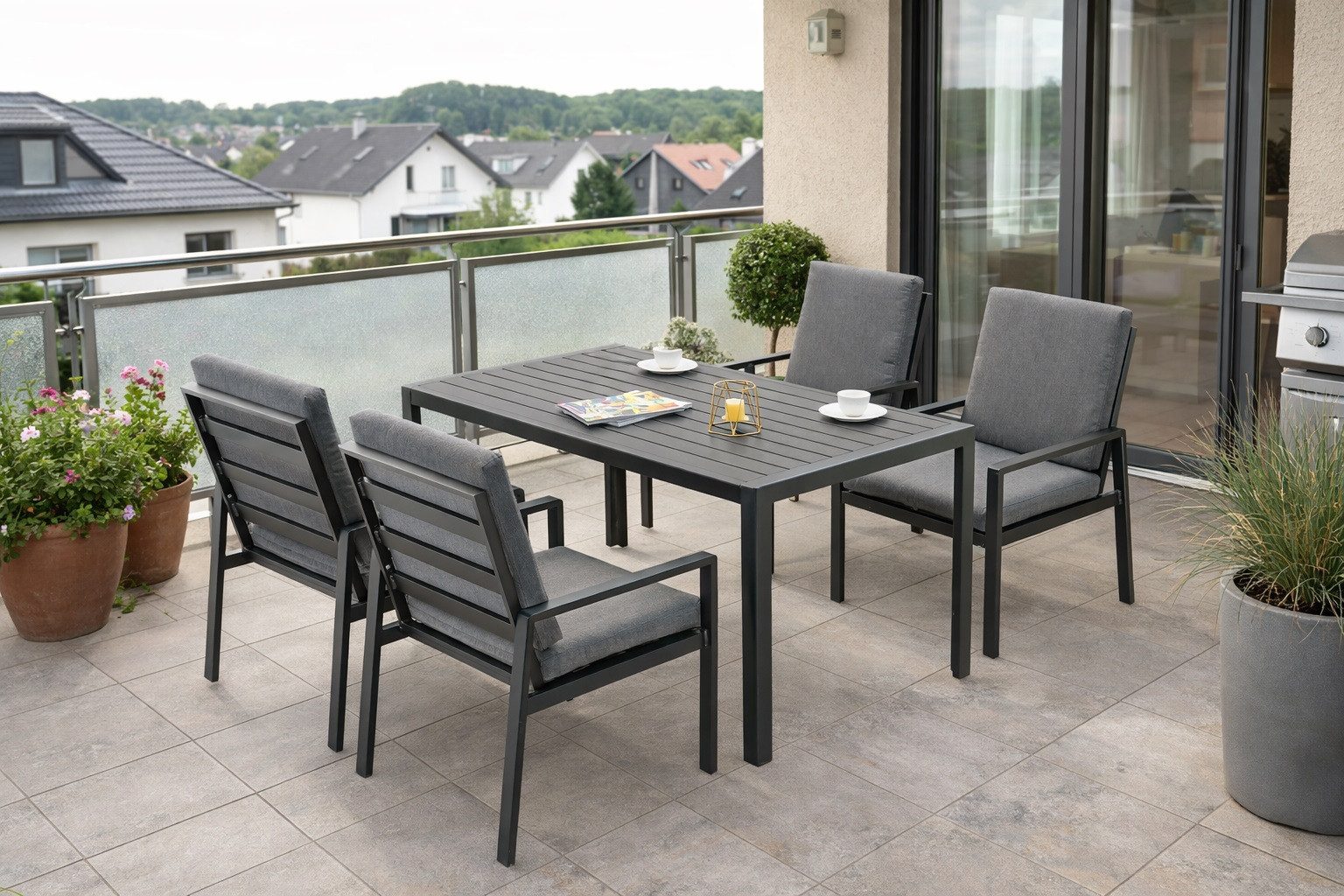 MeXo Gartenlounge-Set Gartenmöbel Set Aluminium Outdoor, (5-tlg., mit Polywood Tisch & Auflagen), wetterfest für Terrasse & Garten