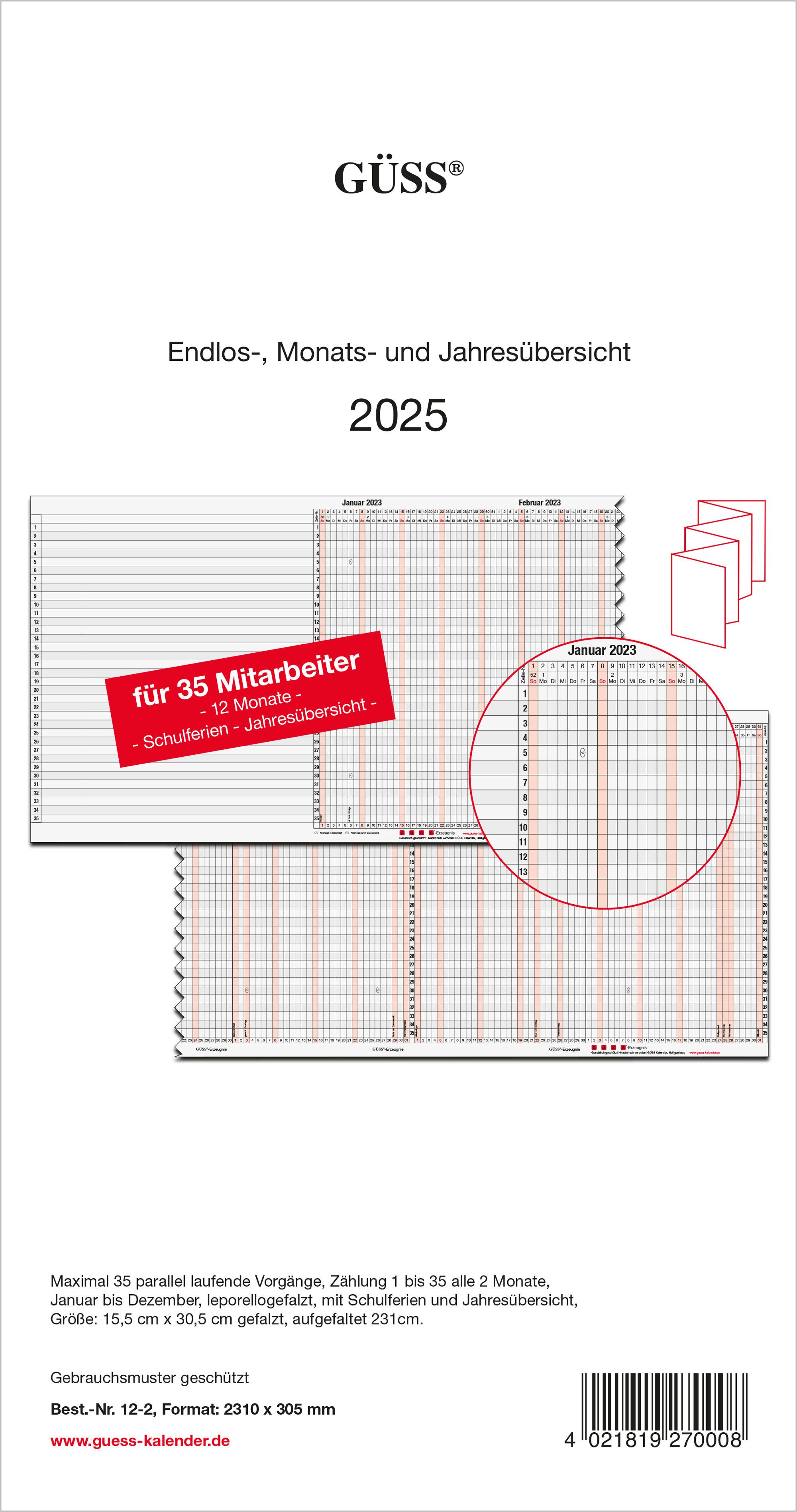 GÜSS Kalender Urlaubsplaner GÜSS Endlos-Monats- und Jahresübersicht gefalzt 2025, leporellogefalzt