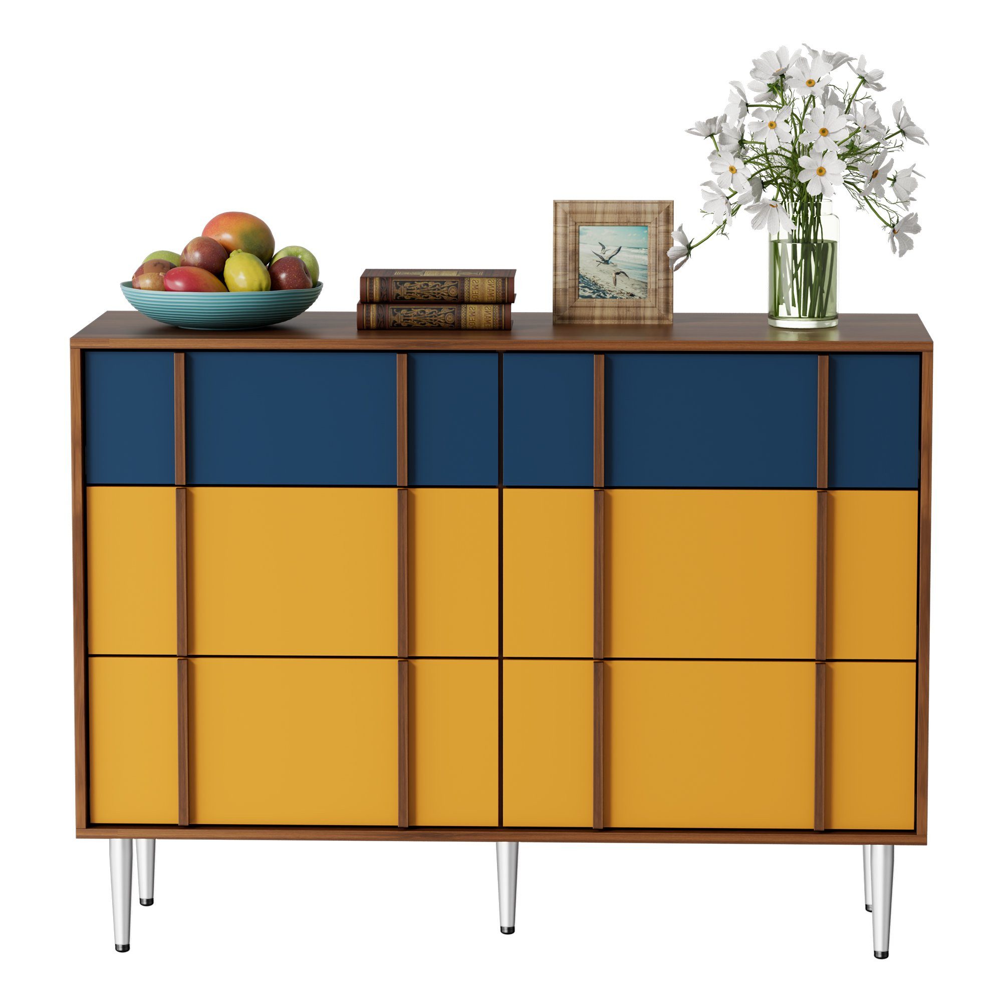 UEV Kommode mit 6 Schuhbladen, schmales Sideboard mit Kippschutz, 100x35x74cm (Schubladenschrank Bauhaus Komodenschrank), modern Mehrzweckschrank Wäschekommode für Schlafzimmer Wohnzimmer Flur