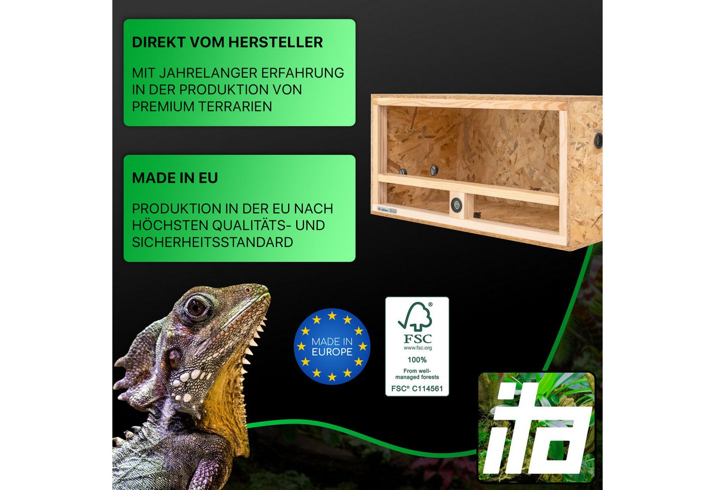 Thumbnail - ITA Terrarium Holz Terrarium 80х40х40 mit Seitenbelüftung & Integriertem Hygrometer, Holzterrarium aus OSB - Terrarien f...