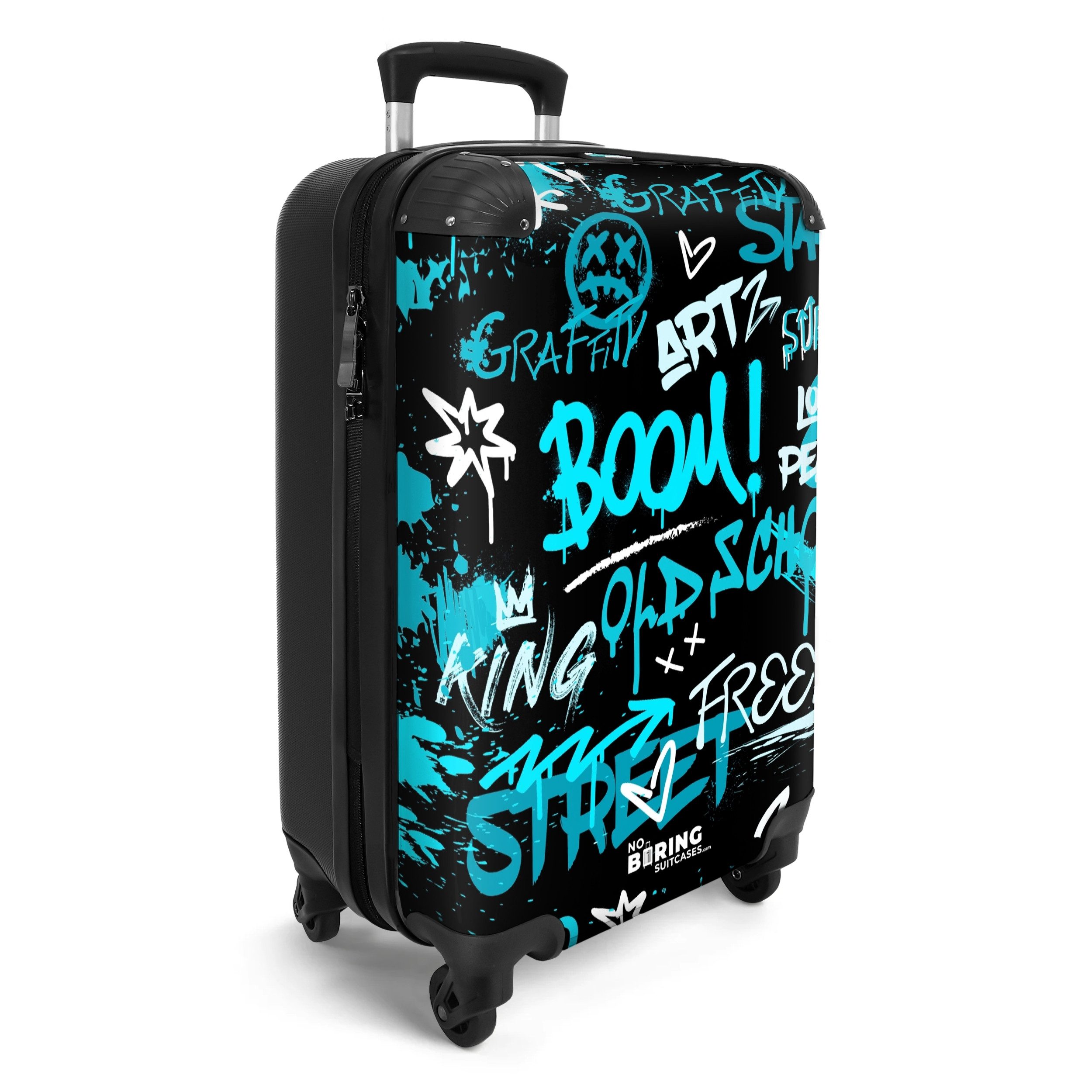 NoBoringSuitcases.com© Hartschalen-Trolley Straßenkunstwerk mit blauen Text günstig online kaufen