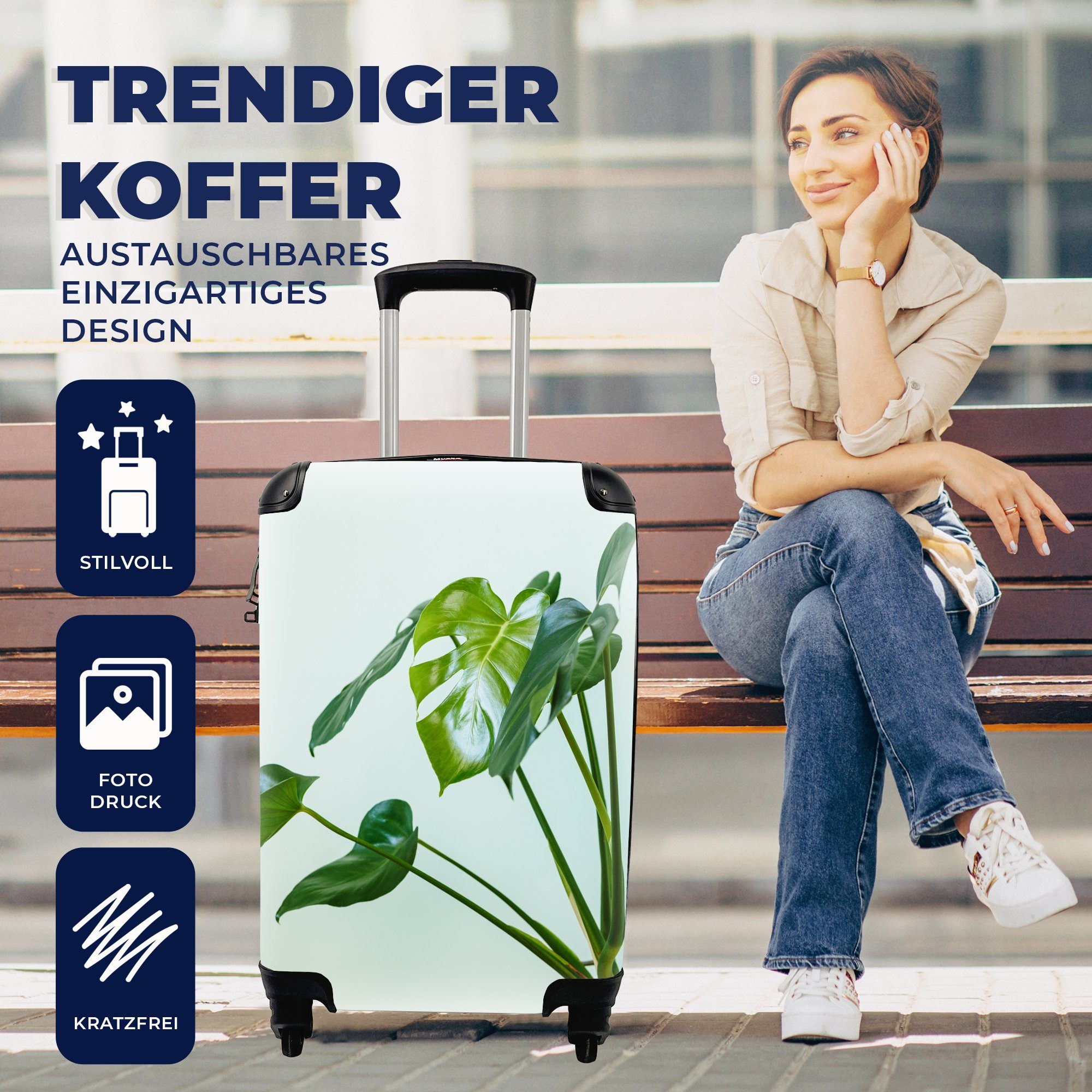 Hintergrund, einem Reisetasche 4 MuchoWow Topf Trolley, Handgepäckkoffer für Monstera Reisekoffer hellem rollen, in Rollen, mit Handgepäck mit Ferien,