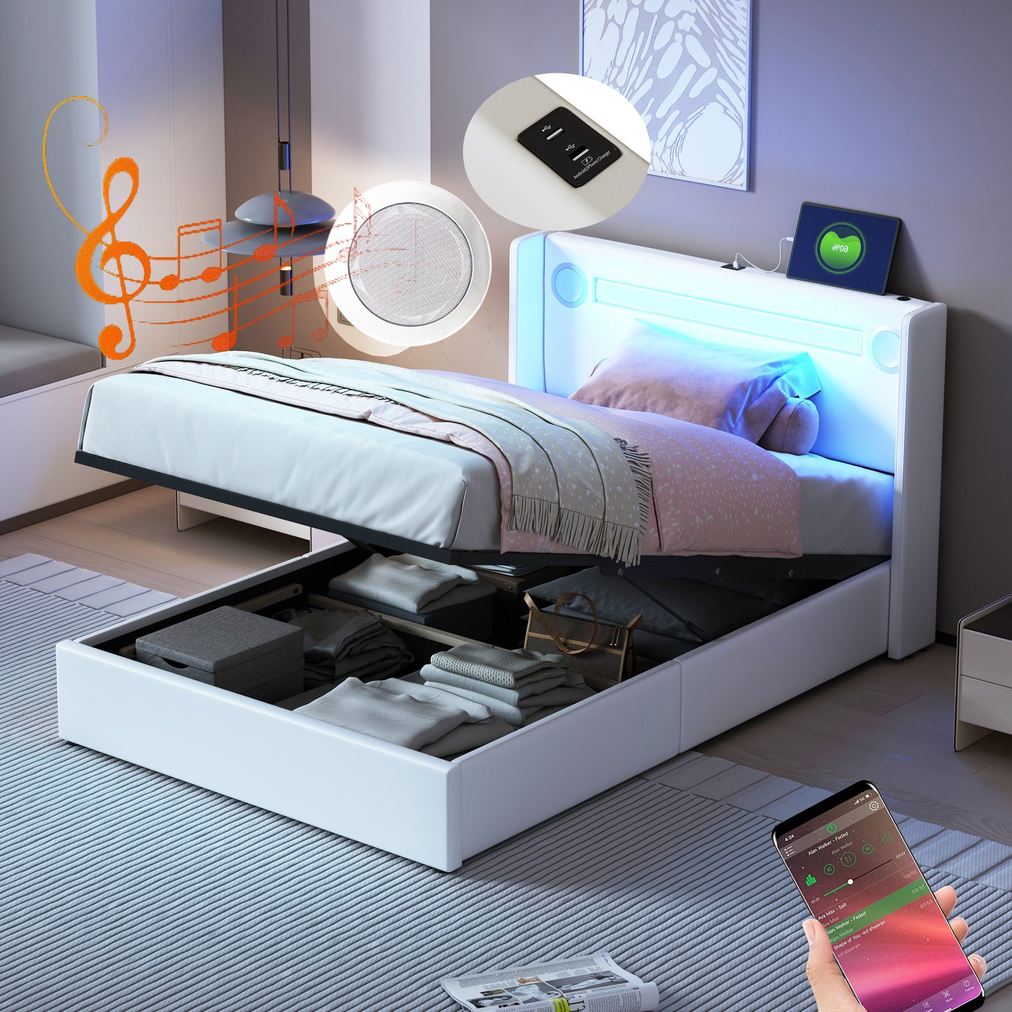 HAUSS SPOLE Polsterbett mit LED-Lichtleiste, Bluetooth-Player günstig online kaufen