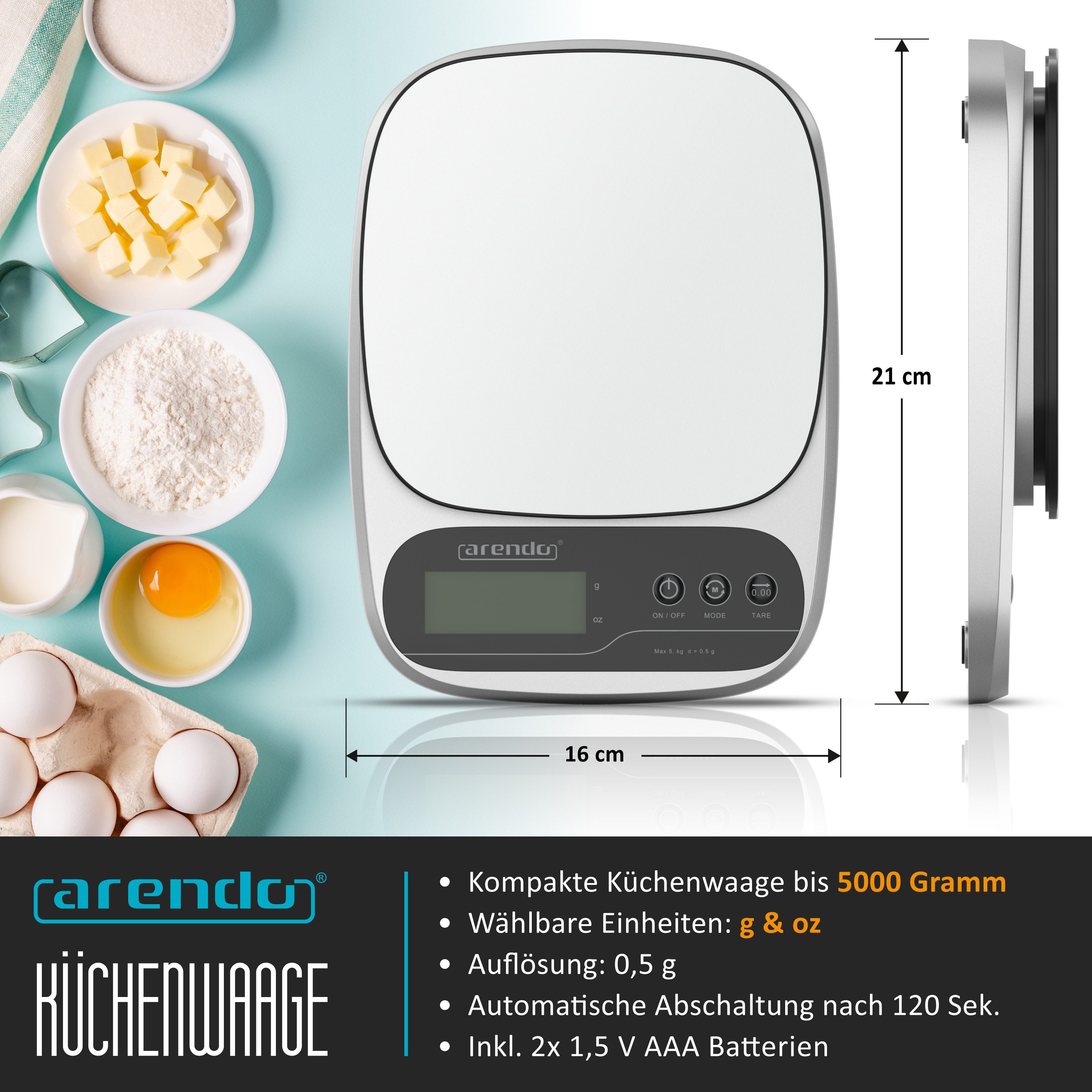Arendo Küchenwaage Digital, Edelstahl, bis 5000 g, 1g Auflösung, Digitalwaage, Tara, Hold, (1-tlg), Überlastanzeige, automatische Abschaltung, Antirutschfüße, GS, präzise