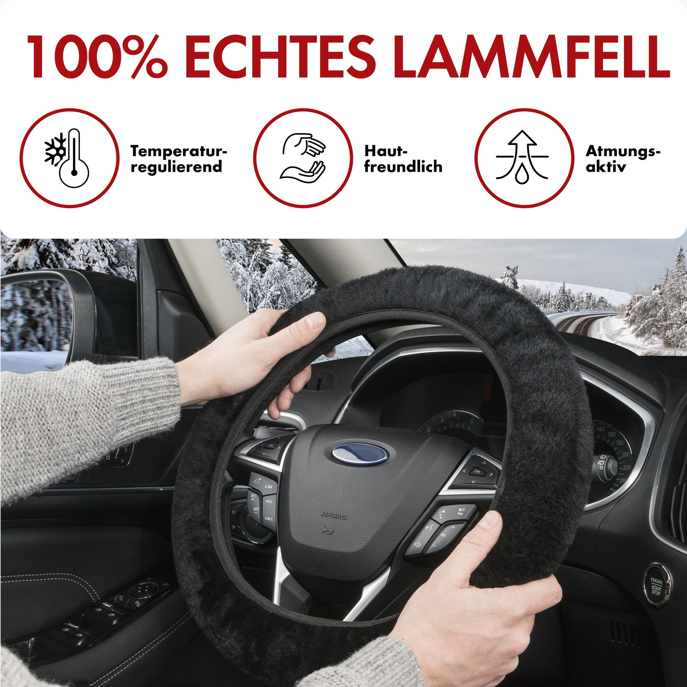 WALSER Car Seat Cover Steering Wheel Cover Lambskin, 1 piece, 1-piece