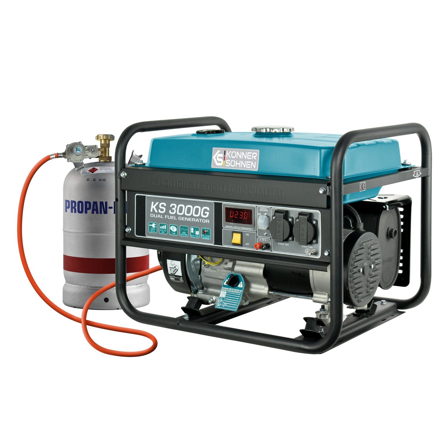 Könner & Söhnen Stromerzeuger KS 3000G, 3,00 in kW, (Hybrid-Generator (LPG/Benzin) mit AVR-Technologie, 1-tlg., 3.0 kW Dual-Fuel Notstromversorgung für lange Betriebszeit), AVR, 15L Tank, K&S Motor, 100% Kupferwicklung, LPG-fähig