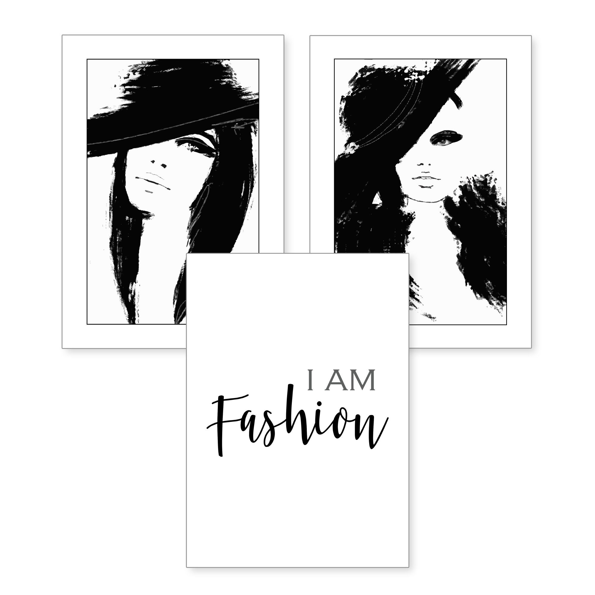 Kreative Feder Poster, Fashion, Mode, Frau, Frauen, Schwarz-Weiß, Stil, Look (Set, 4 St), 3-teiliges Poster-Set, Wandbild, optional mit Rahmen, DIN A4 oder A3