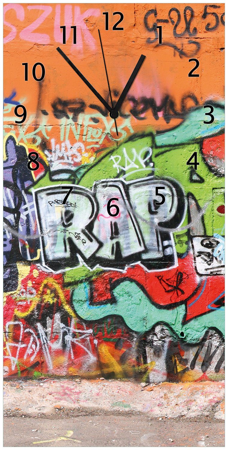 Wallario Wanduhr RAP-Graffiti- Wand mit verschiedenen Tags (Uhr aus Acryl)