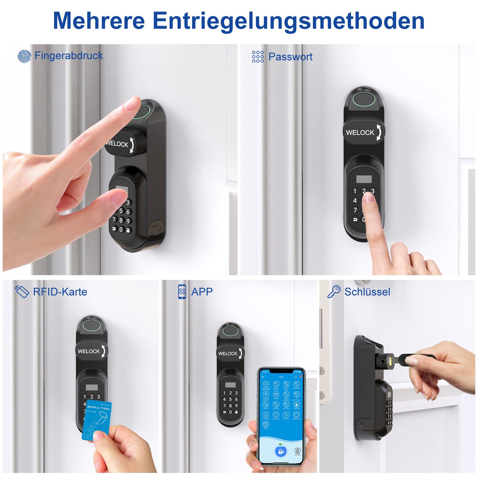 WE.LOCK Schließzylinder WELOCK Elektronisches Türschloss U81 für 50-95 mm Türen, (Packung, Türschloss x1, RFID-Karte x3, Schlüssel x2, Anleitung x1,Zubehörbox x1), Fingerabdruck, Dauer-/Temp-Passwort, RFID, App, Schlüssel, Fernöffnung