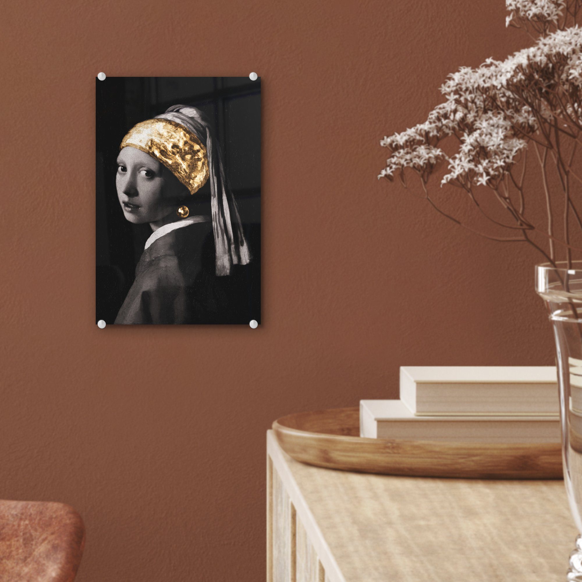 MuchoWow Acrylglasbild Mädchen mit - St), bunt Glasbilder - Glas (1 Foto Glas Bilder Vermeer Johannes auf - Perlenohrring auf Gold, - - einem Wandbild Wanddekoration