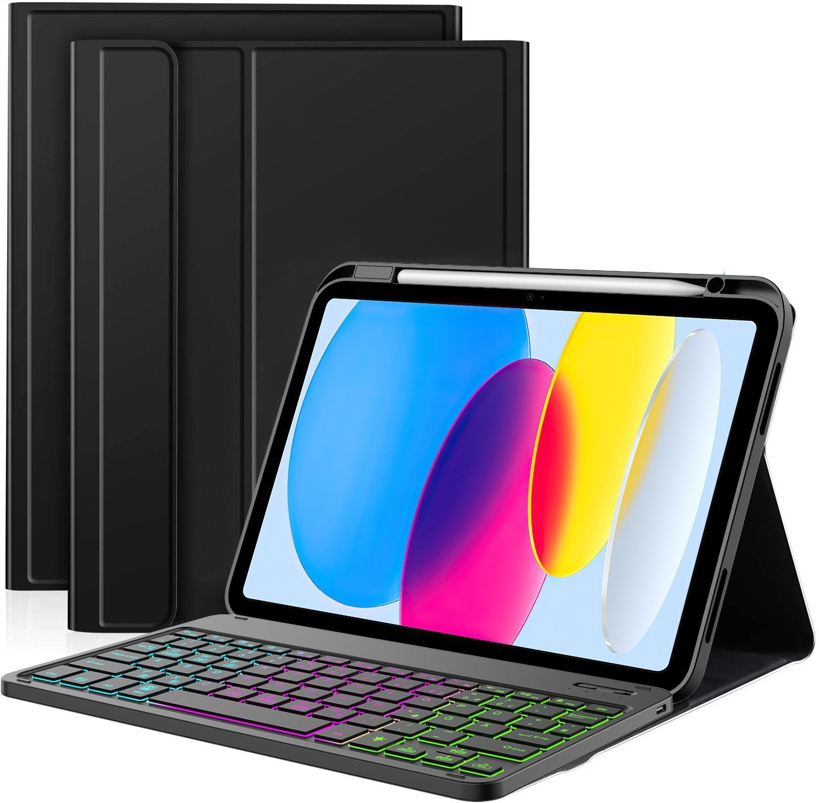 Mutoy Tastatur Hülle für iPad 10. Generation 10.9 Zoll 2022 iPad-Tastatur  (7 Farben LED-Hintergrundbeleuchtung QWERTZ Layout Kabellose Tastatur)