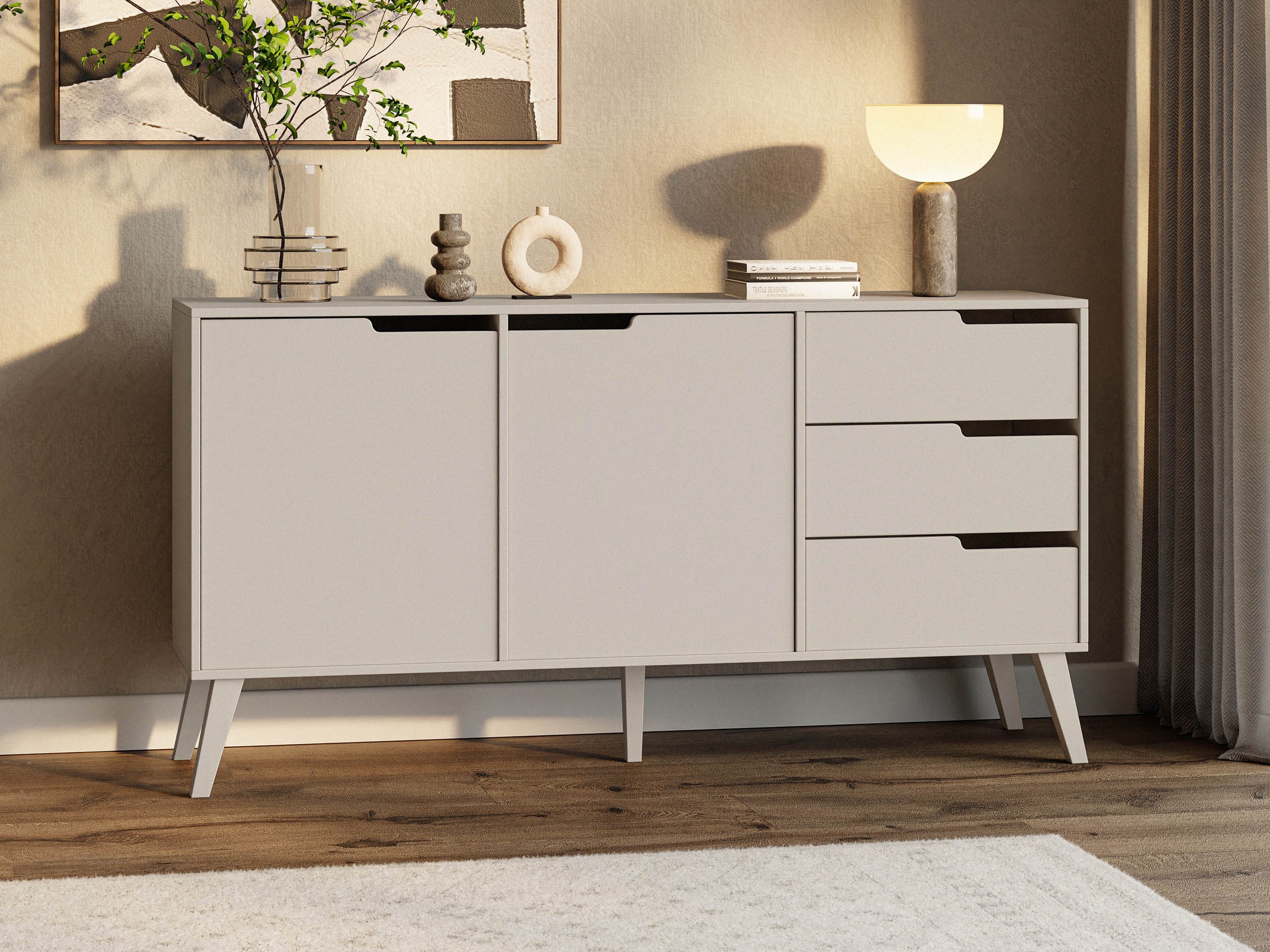 MIRJAN24 Kommode Nordelo 2D3S (mit zwei Drehtüren und drei Schubleden), 160x40x80 cm, Holzfüße