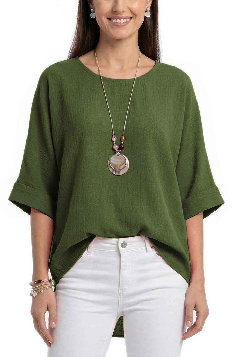dy_mode Kurzarmbluse Damen Bluse Oversize Tunika Leichte Viskosebluse Oberteil Einfarbig in Unifarbe, High-Low Saum, mit passende Kette