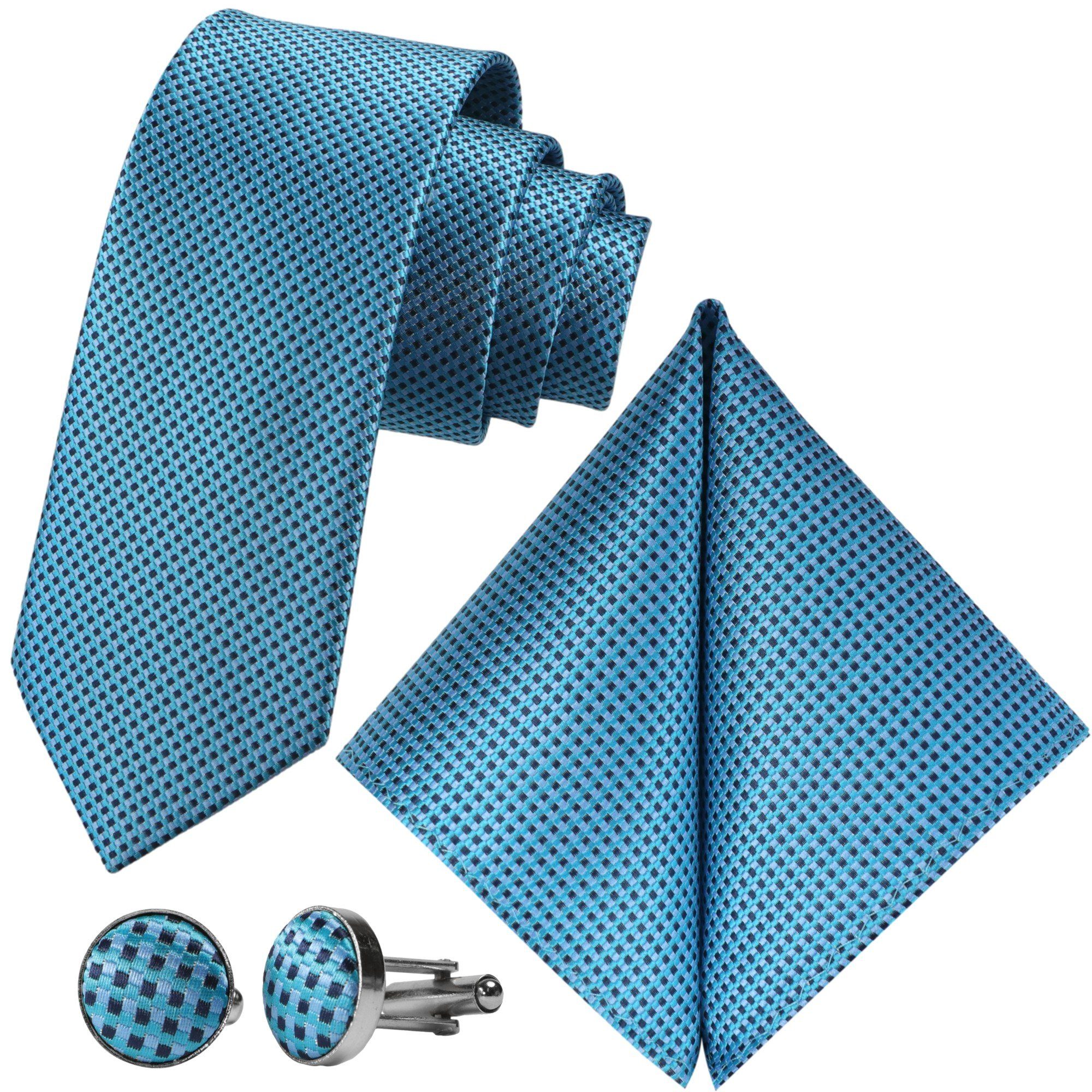 GASSANI Krawatte Karo Hochzeitskrawatte Tuch Festlich Schmal, Herren-Schlips Business (Set, 3-St., Krawattenset, mit Einstecktuch, Manschettenknöpfe) Kariert, Gepunktet, Punkte, Dots, Tupfen, Grid Struktur, Seide-Touch Petrol Grau-Blau Schwarz Türkis-Blau Aquamarin Blau-Grün Cyan-Blau Turquoise Aqua-Grün Wasserblau Schieferblau Taubenblau