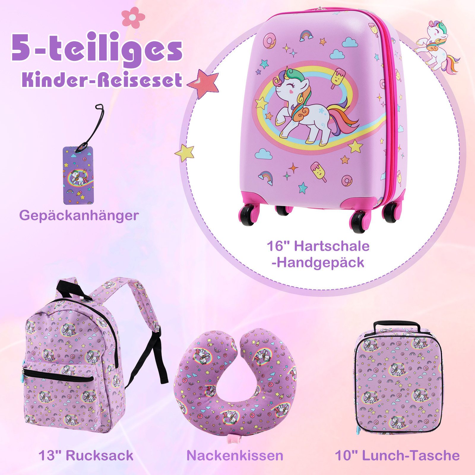 COSTWAY Kinderkoffer Set, 4 Rollen, 5 teiliges Trolley mit Handgepäck, Kissen