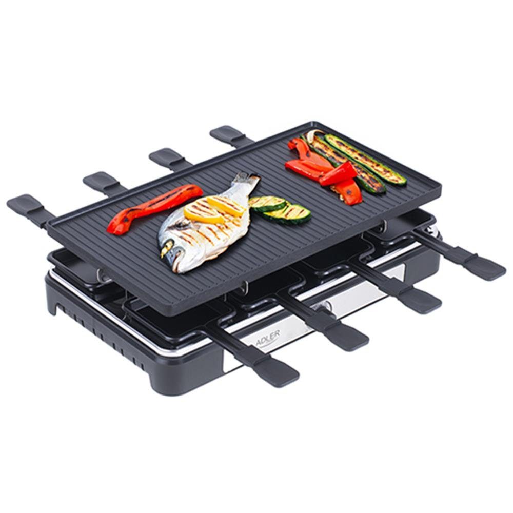 Adler Raclette AD 6616, 8 Raclettepfännchen, 1400,00 W, Elektrogrill, 8 Personen, Tischgrill, Fleisch Gemüse Gerichte, Schwarz