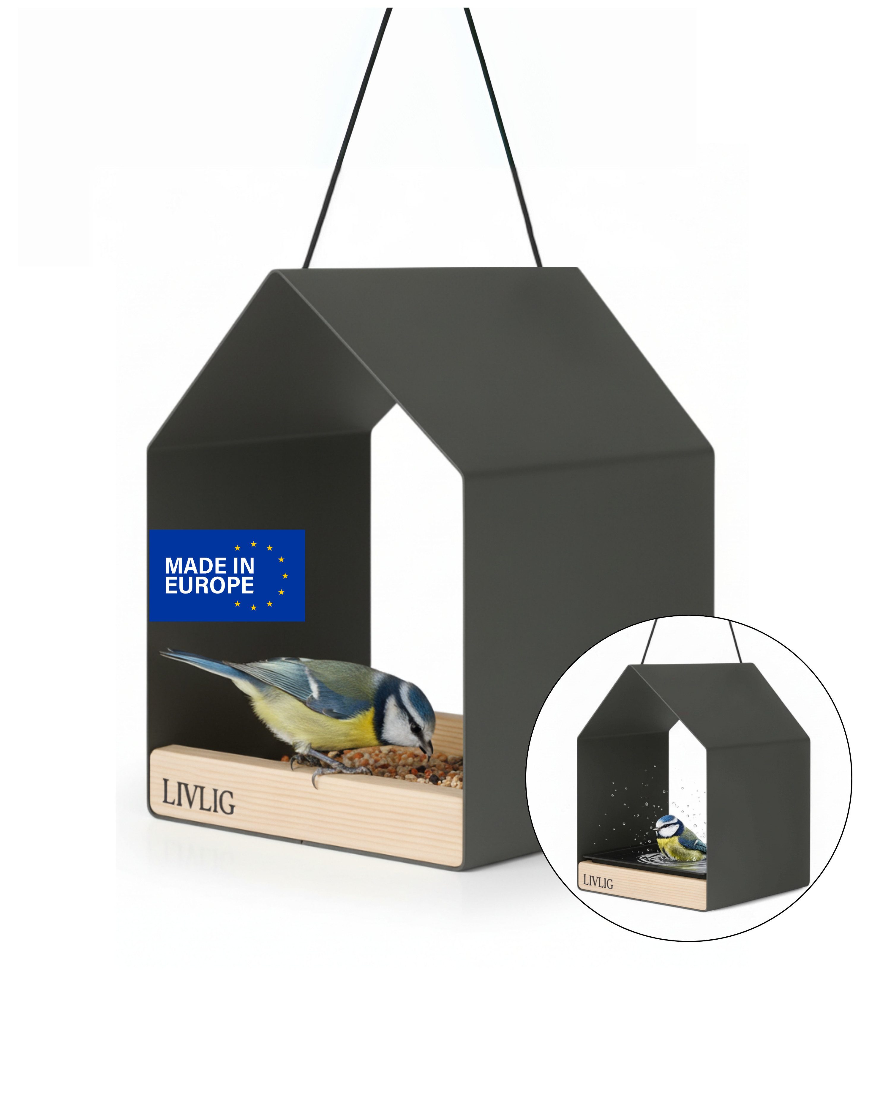 LIVLIG Vogelhaus Modernes Vogelfutterhaus, Vogelhaus zum Aufhängen aus Metall, Vogelfutterhaus & Vogeltränke zum Aufhängen oder Hinstellen