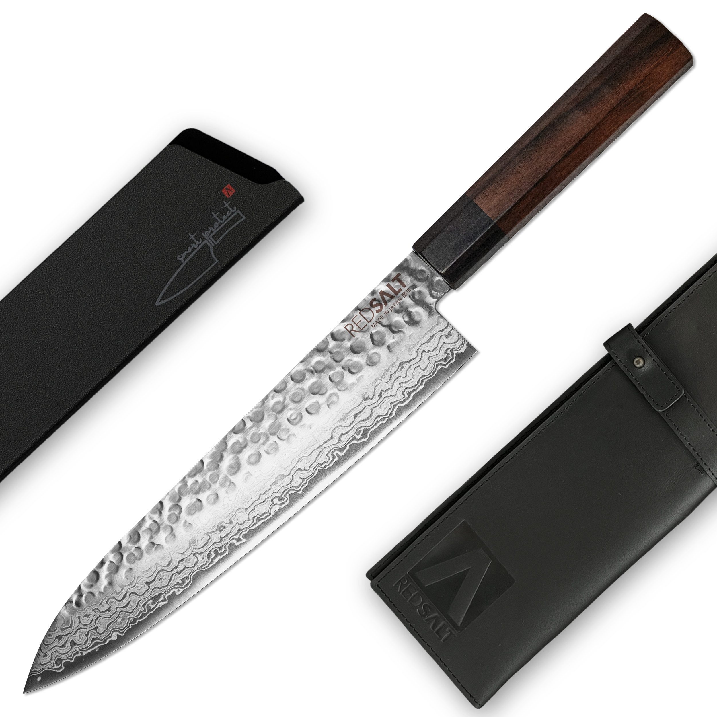 REDSALT Damastmesser GYUTO  21cm Profi Küchenmesser mit Ledertasche & Klingenschutz, handgerfertigt, Made in Japan