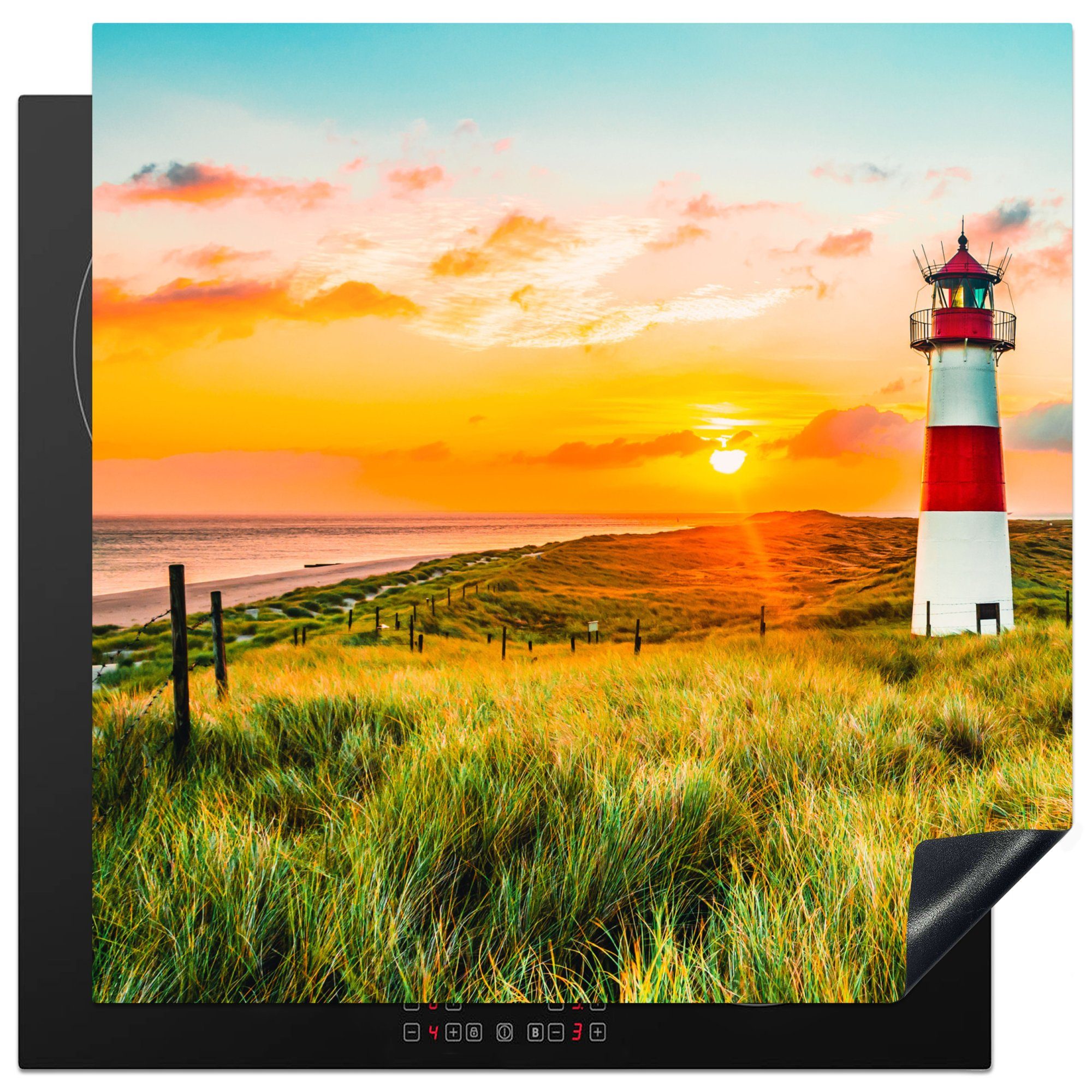 MuchoWow Herd-Abdeckplatte Leuchtturm - Natur - Sonne - Landschaft - Gras - Strand - Meer, Vinyl, (1 tlg), Küche Herdabdeckung Ceranfeld Induktionsfeld Vinyl, 60x60 cm