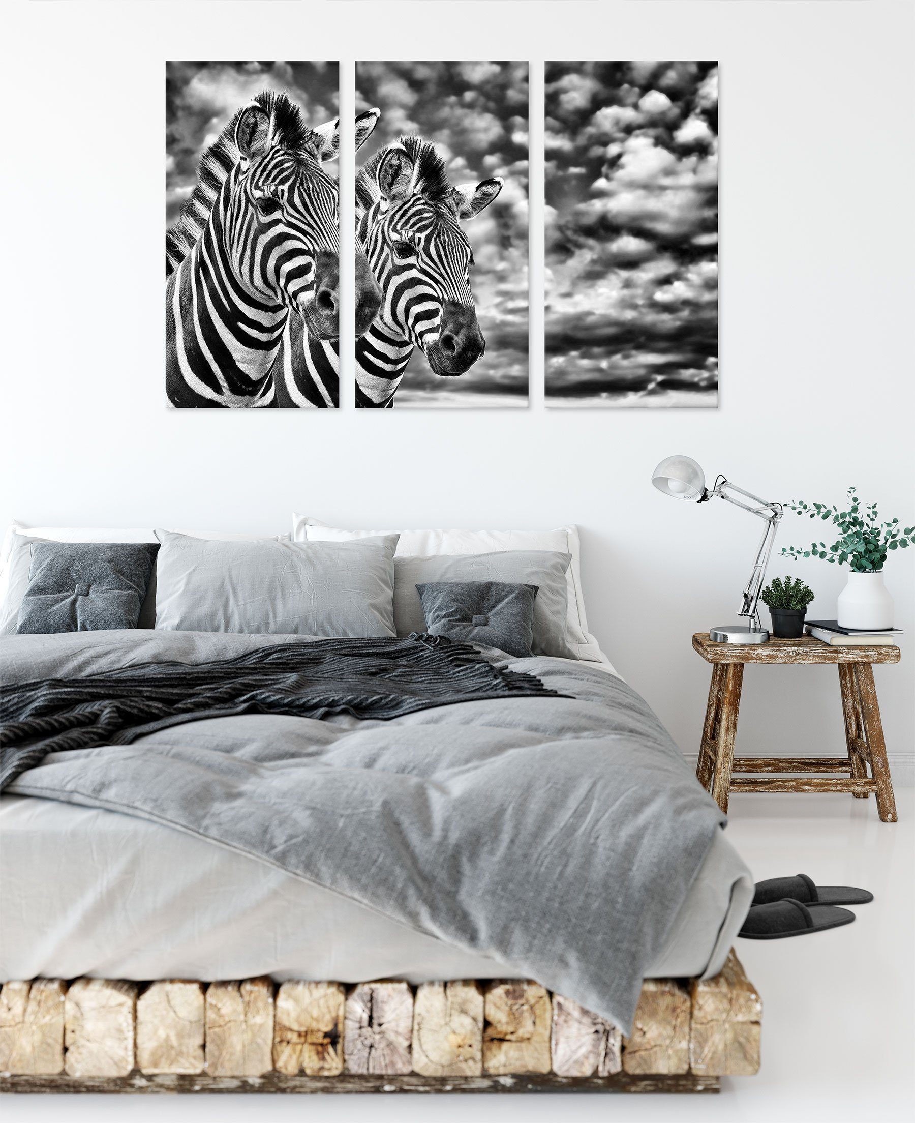 inkl. Leinwandbild (120x80cm) Pärchen (1 Leinwandbild Zackenaufhänger bespannt, Zebra fertig Pärchen, Zebra Pixxprint St), 3Teiler