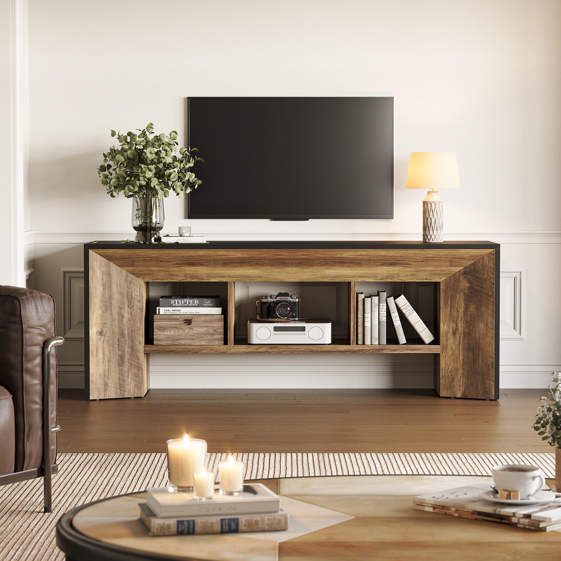 Tribesigns TV-Schrank 160cm TV-Ständer mit offenen Ablageflächen, mit 3 Ablagefächern (2-stufiger TV-Schränke & Konsolentisch)