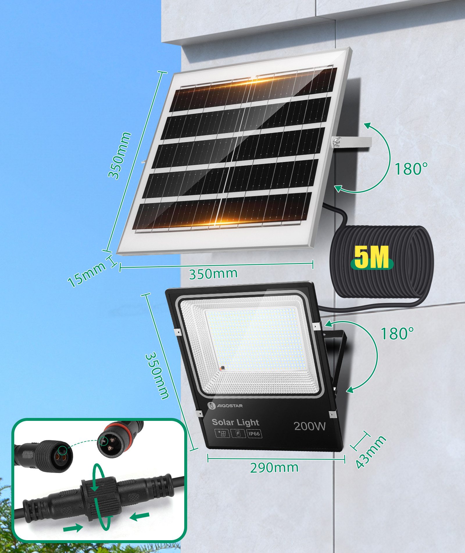 Aigostar Flutlichtstrahler Solar LED Strahler Außen mit Große Solarpanel,5 m Kabel,Ajustable,IP66, LED fest integriert, 3000k, 4000k, 6500k – Bild 5 von 5