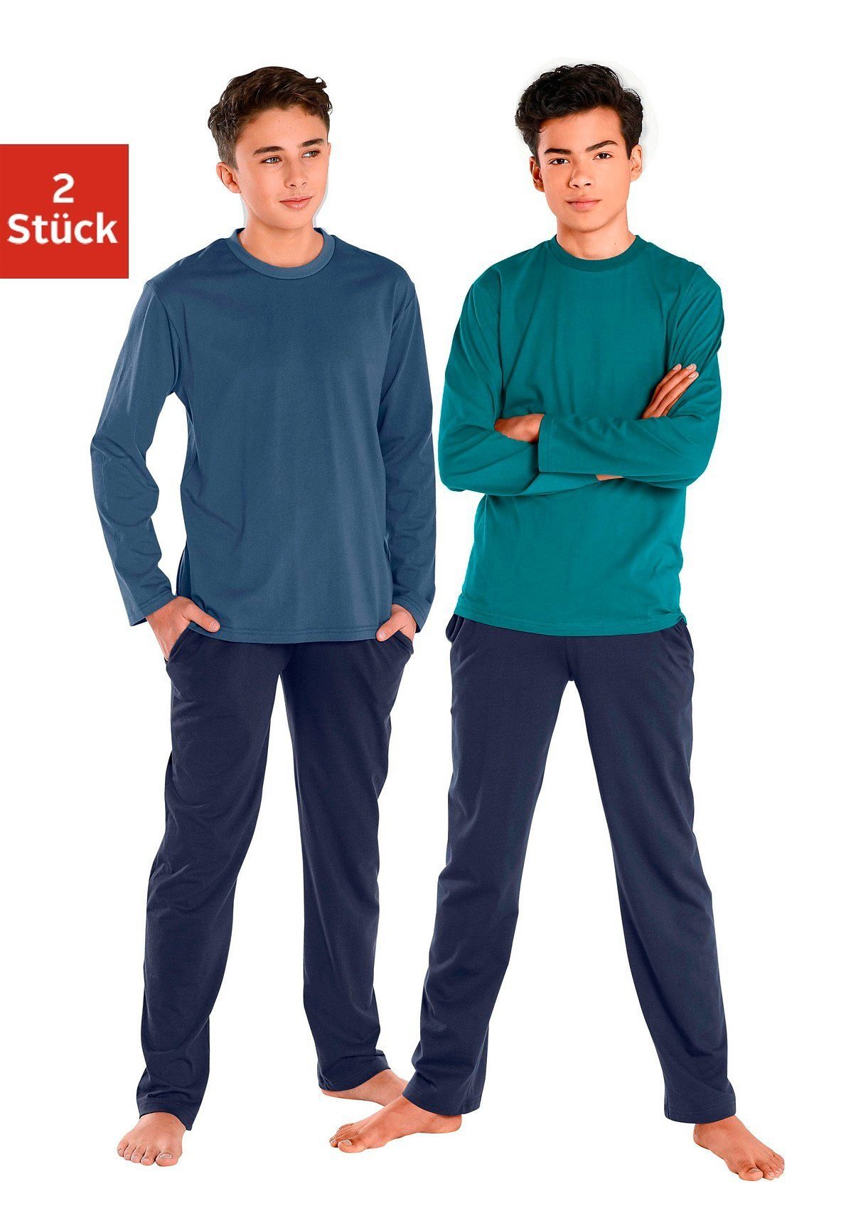 AUTHENTIC LE JOGGER Pyjama (4 tlg., 2 Sets) langer Schlafanzug, unifarben, aus Baumwolle