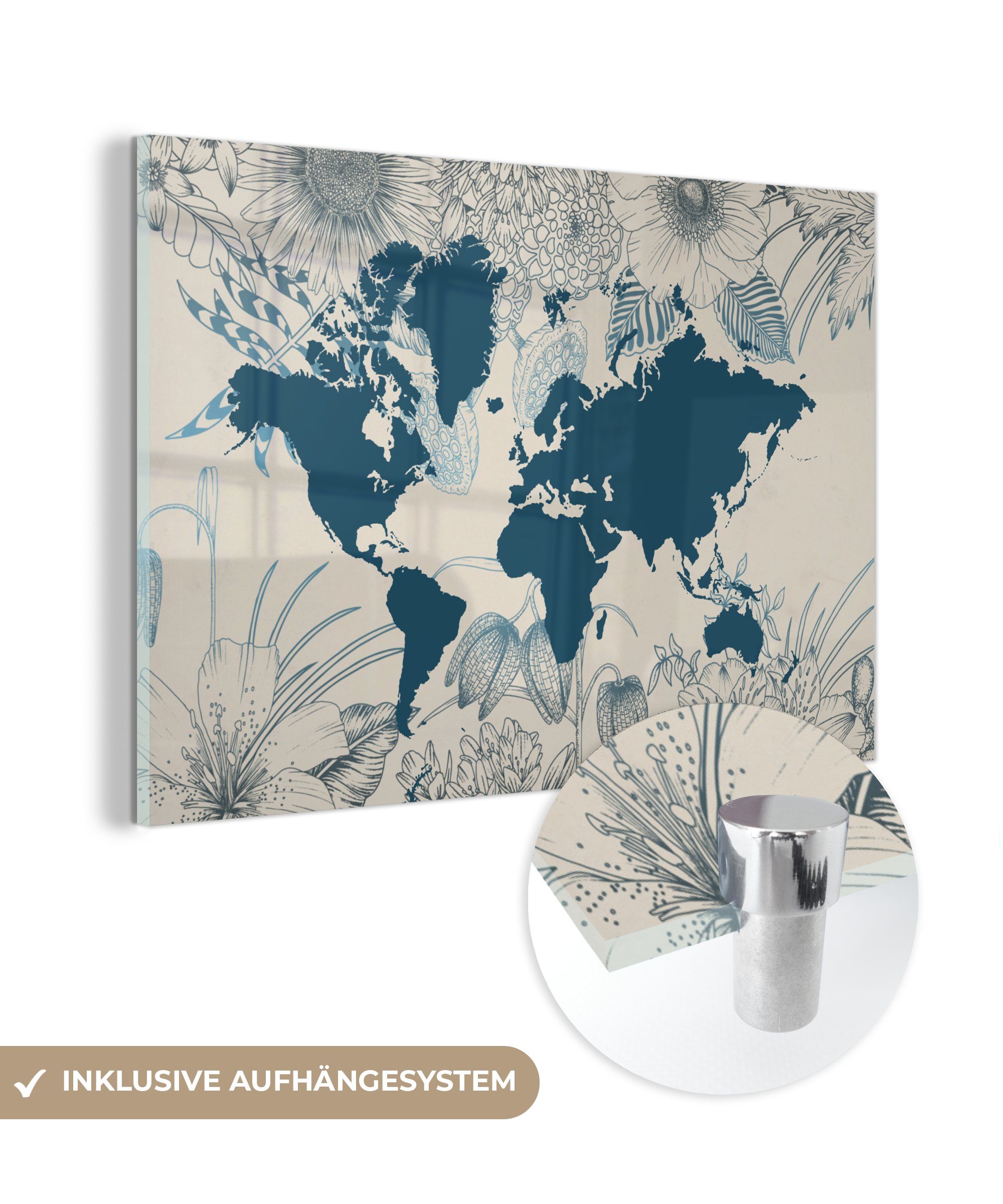 MuchoWow Acrylglasbild Weltkarte - Blau - Blumen, (1 St), Glasbilder - Bilder auf Glas Wandbild - Foto auf Glas - Wanddekoration