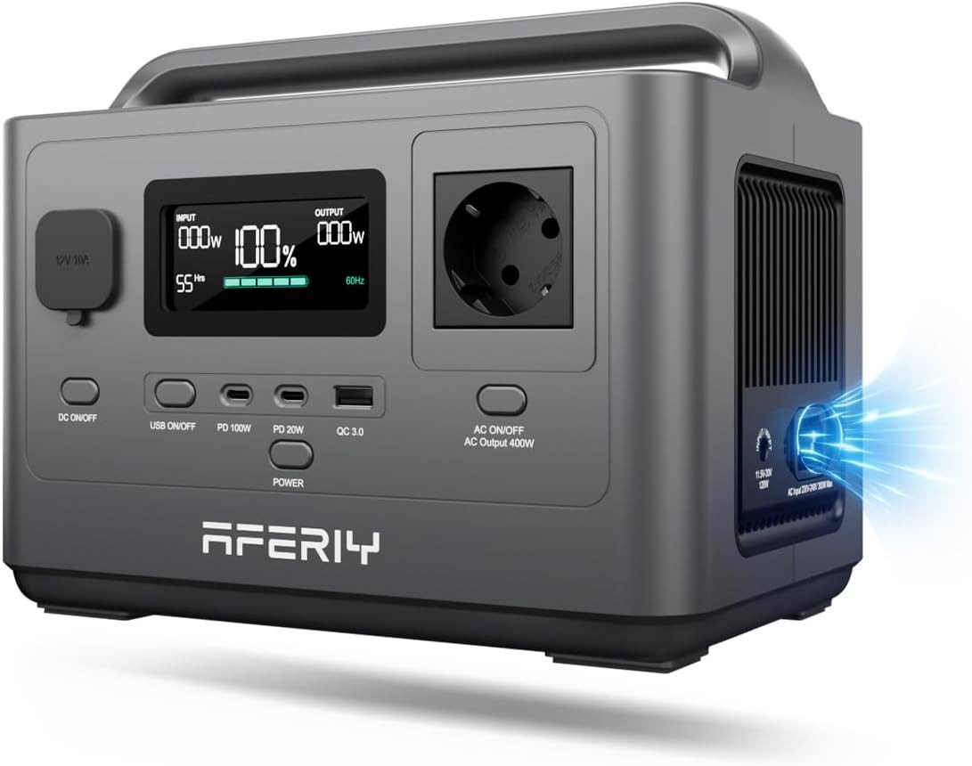 AFERIY Stromerzeuger 400W Tragbare Powerstation, 256Wh Akku, für Camping, Notfälle, 0,4 in kW, (1-tlg), 1.2h Schnelladung, 5 Anschlüsse