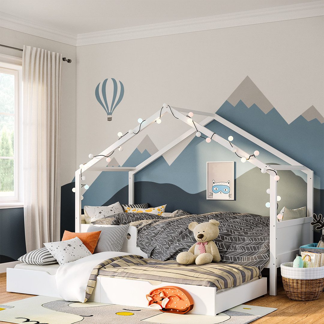 Bellabino Hausbett Bela 90x200 cm aus Massivholz Kiefer (weiß inkl. Gästebe günstig online kaufen