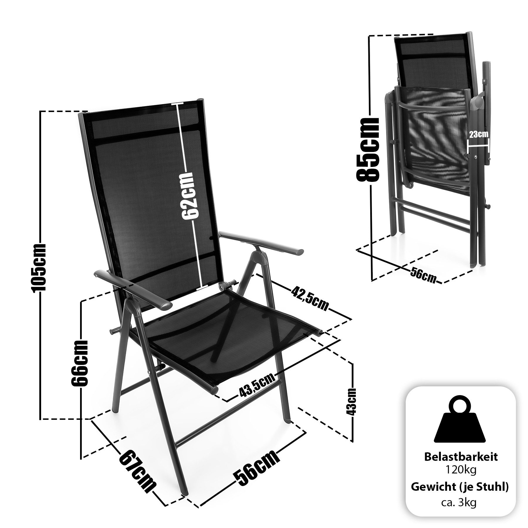BigDean Gartenstuhl klappbar – bis 120 kg – 7-fach verstellbare Lehne – Balkon & Garten (Packung, 2 St), Belastbar, Vielseitig, Verstellbar, Robust, Wetterfest, Pflegeleicht.