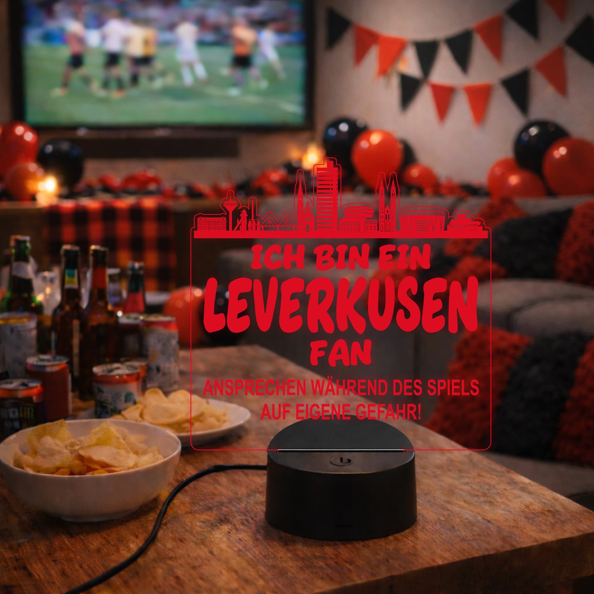 Lieblingsmensch LED Nachtlicht Fußball - Ich bin ein Leverkusen Fan - Ansprechen auf eigene Gefahr, LED fest integriert, Farbwechsel oder feste Farbe mit Fernbedienung & Touch, Man Cave Stimmungslicht – 19x23cm