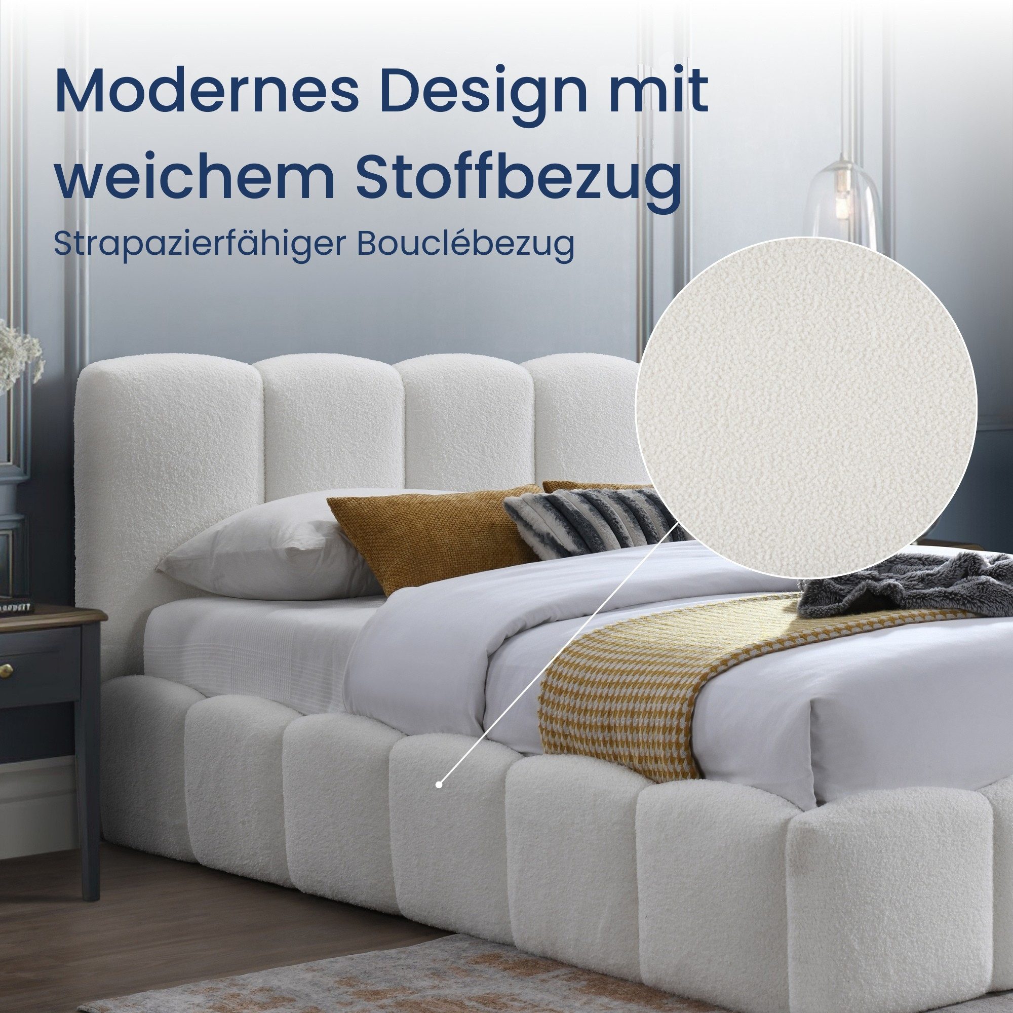 Home Collective Polsterbett Doppelbett 140x200 160x200 Bettgestell mit Lattenrost weicher Bezug (Doppelbett mit gepolstertem Kopfteil, robustes Gestell, hoher Liegekomfort), weiche Steppung im Bouclé-Look, Creme, 140x200 cm