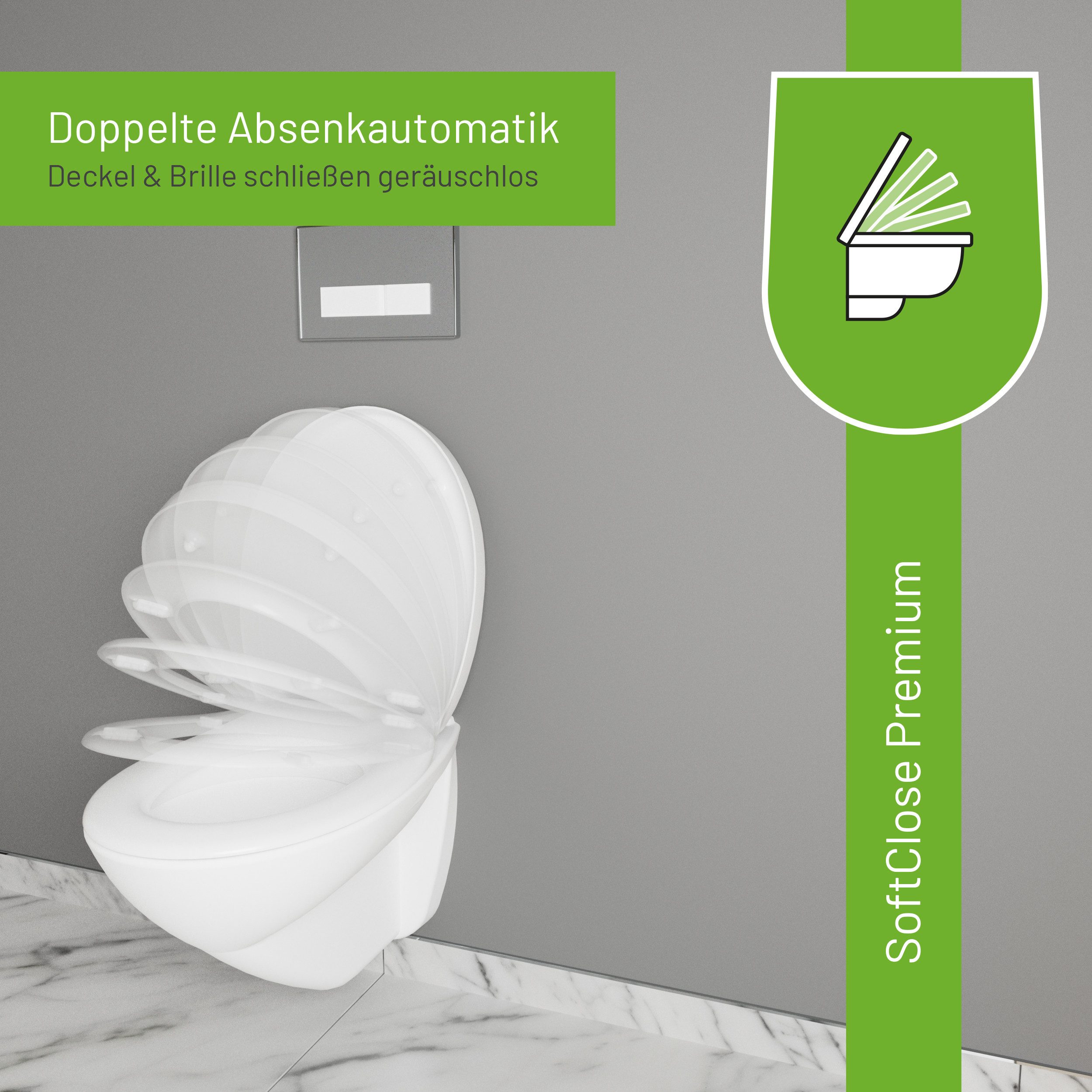 LUVETT WC-Sitz Premium, Softclose, Absenkautomatik, Duroplast, Oval D-Form Eckig (Inklusive 3 Befestigungsarten), mit Absenkautomatik, Wrap-Over, Duroplast, Deutsche Markenqualität